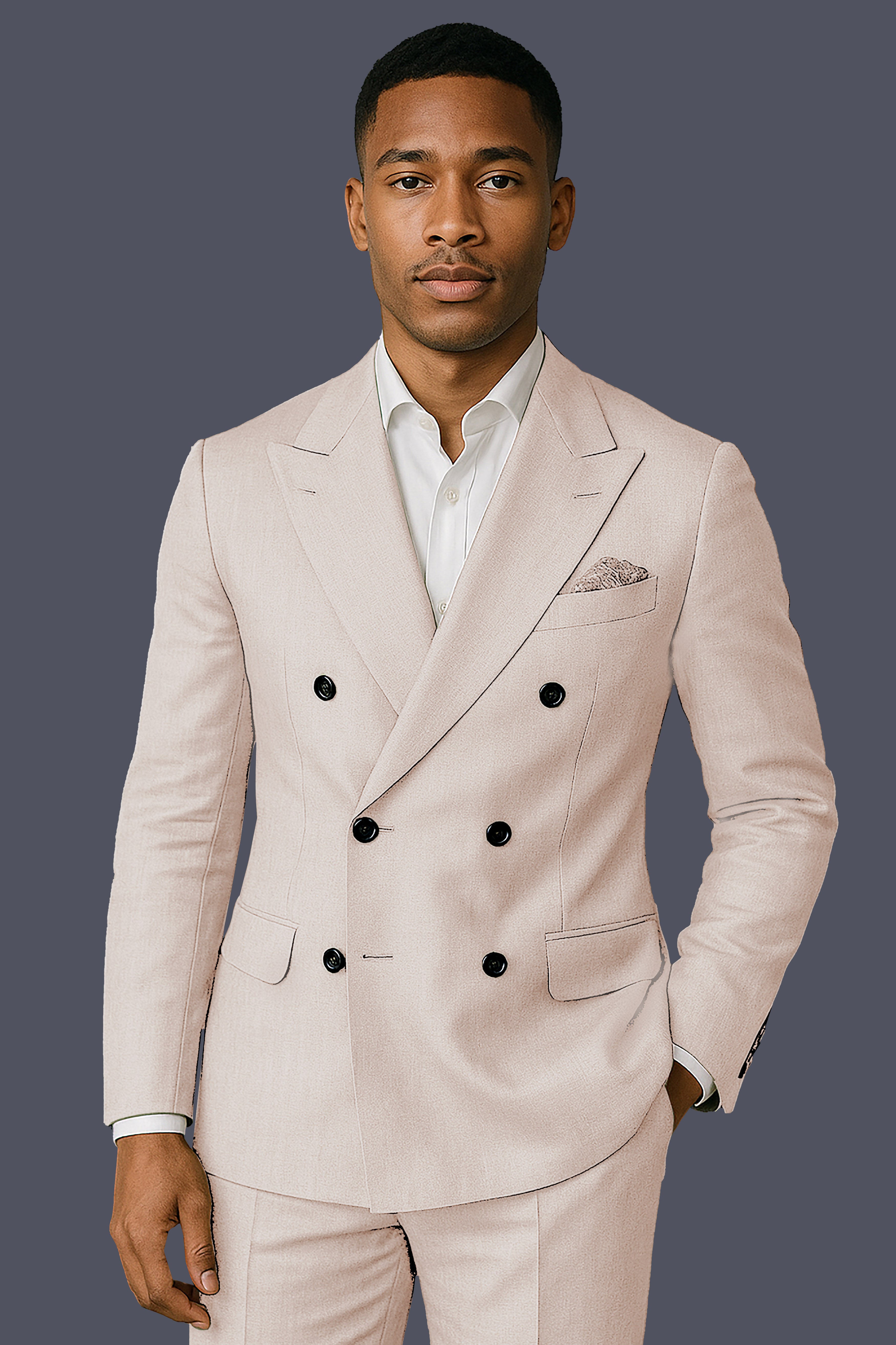 Velivon-Bizarre Cream Solid Wool Rich Double Breasted Slight Stretch Blazer