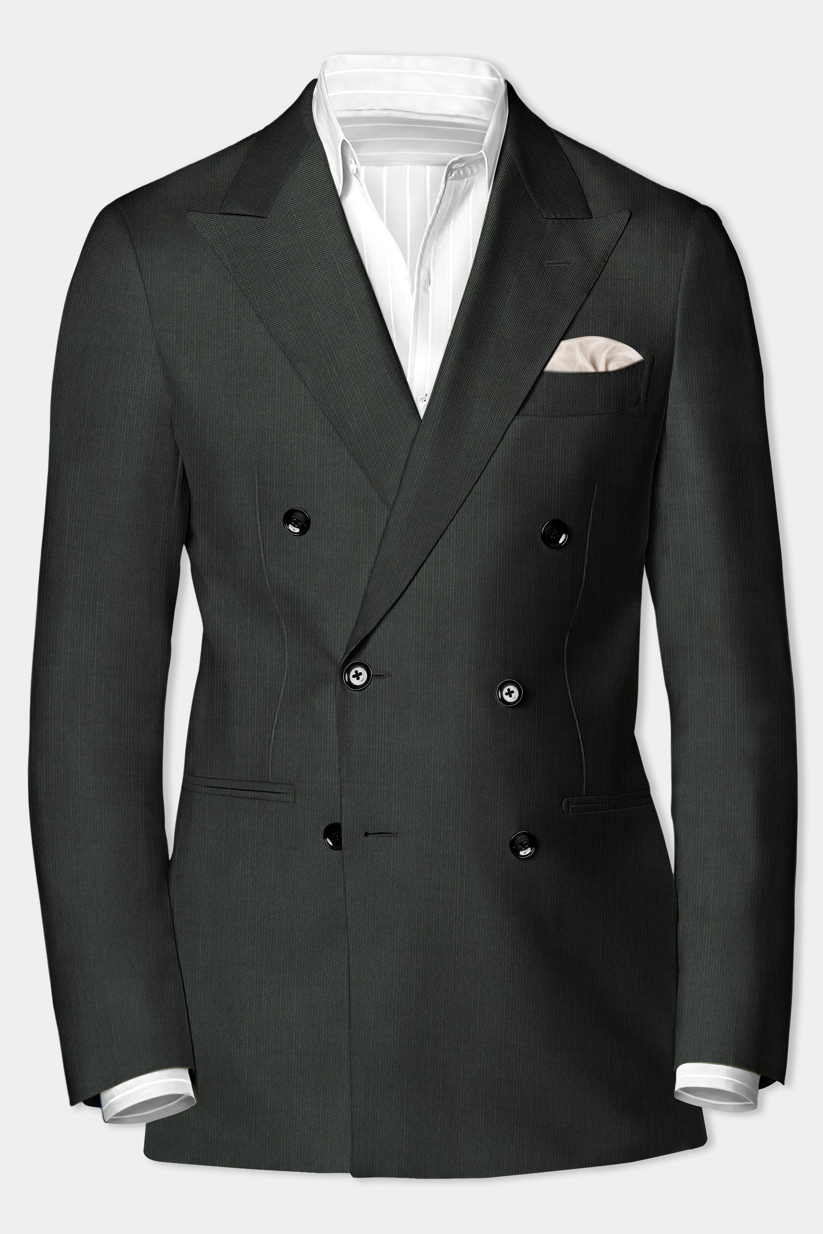 Shafton-Mine Shaft Green Solid Wool Rich Double Breasted Slight Stretch Blazer