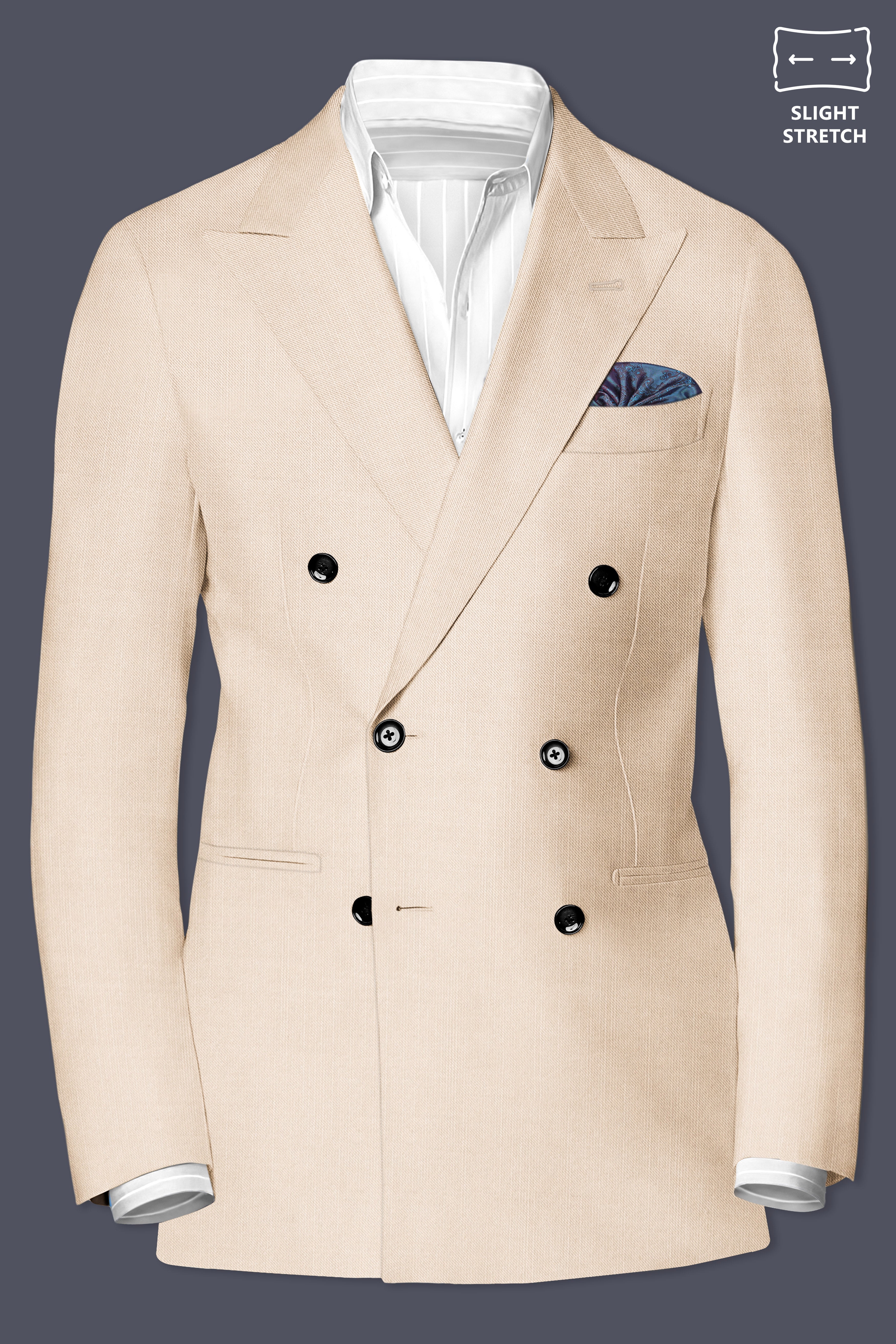 Biscotti-Parchment Cream Solid Wool Rich Double Breasted Slight Stretch Blazer
