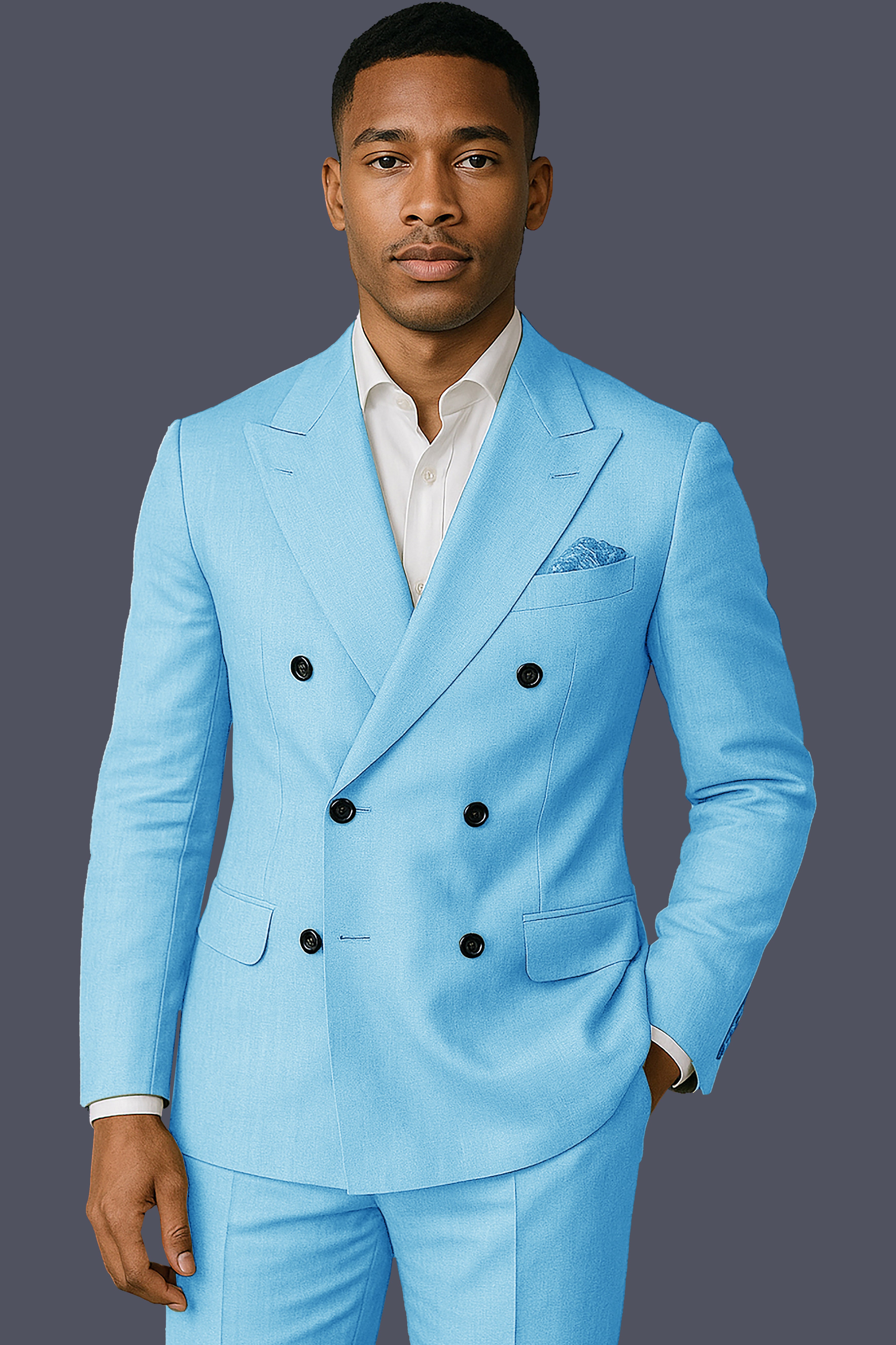 Iceland-Aquamarine Blue Solid Wool Rich Double Breasted Slight Stretch Blazer