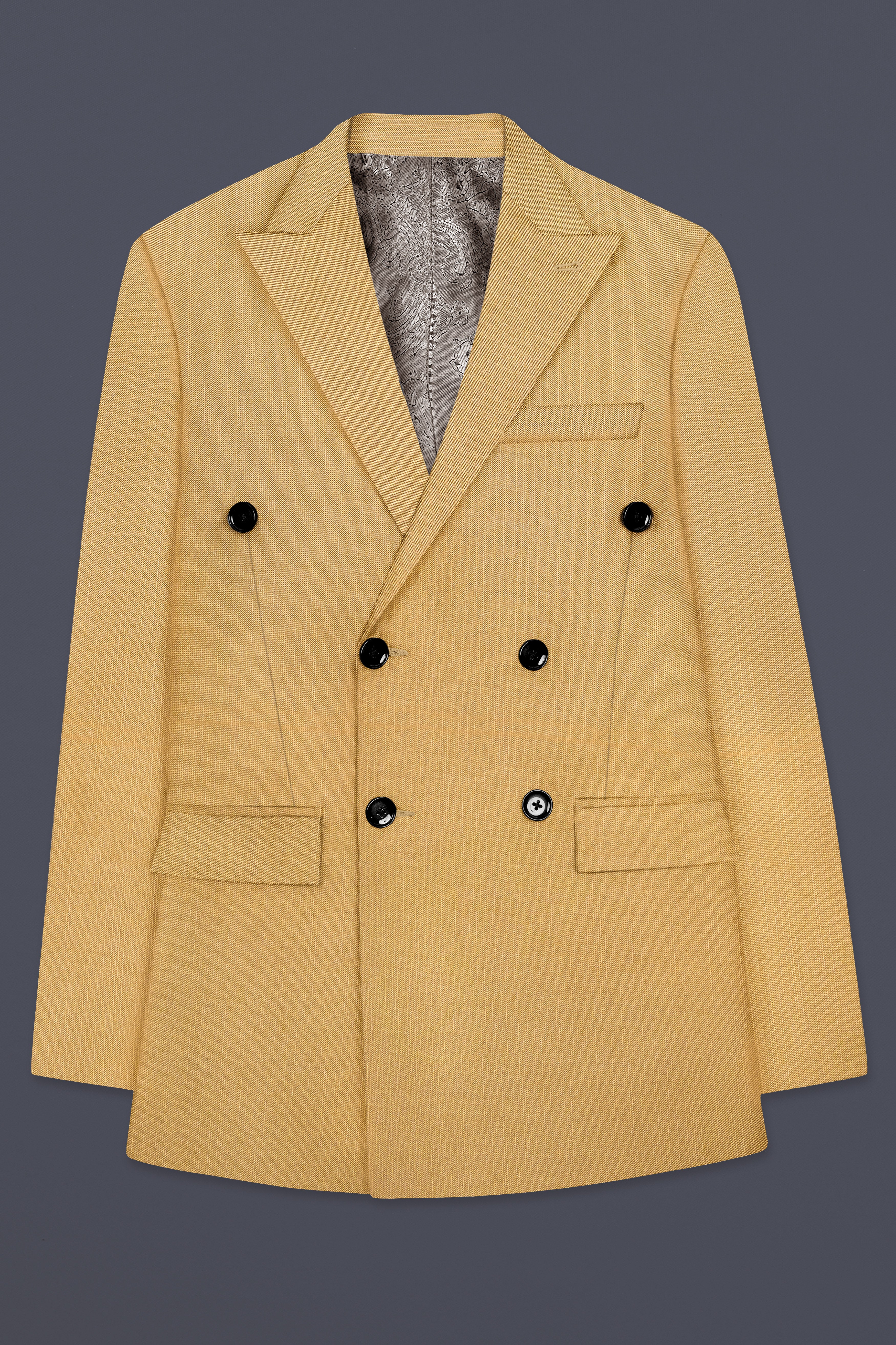 Marula-Desert Yellow Solid Wool Rich Double Breasted Slight Stretch Blazer