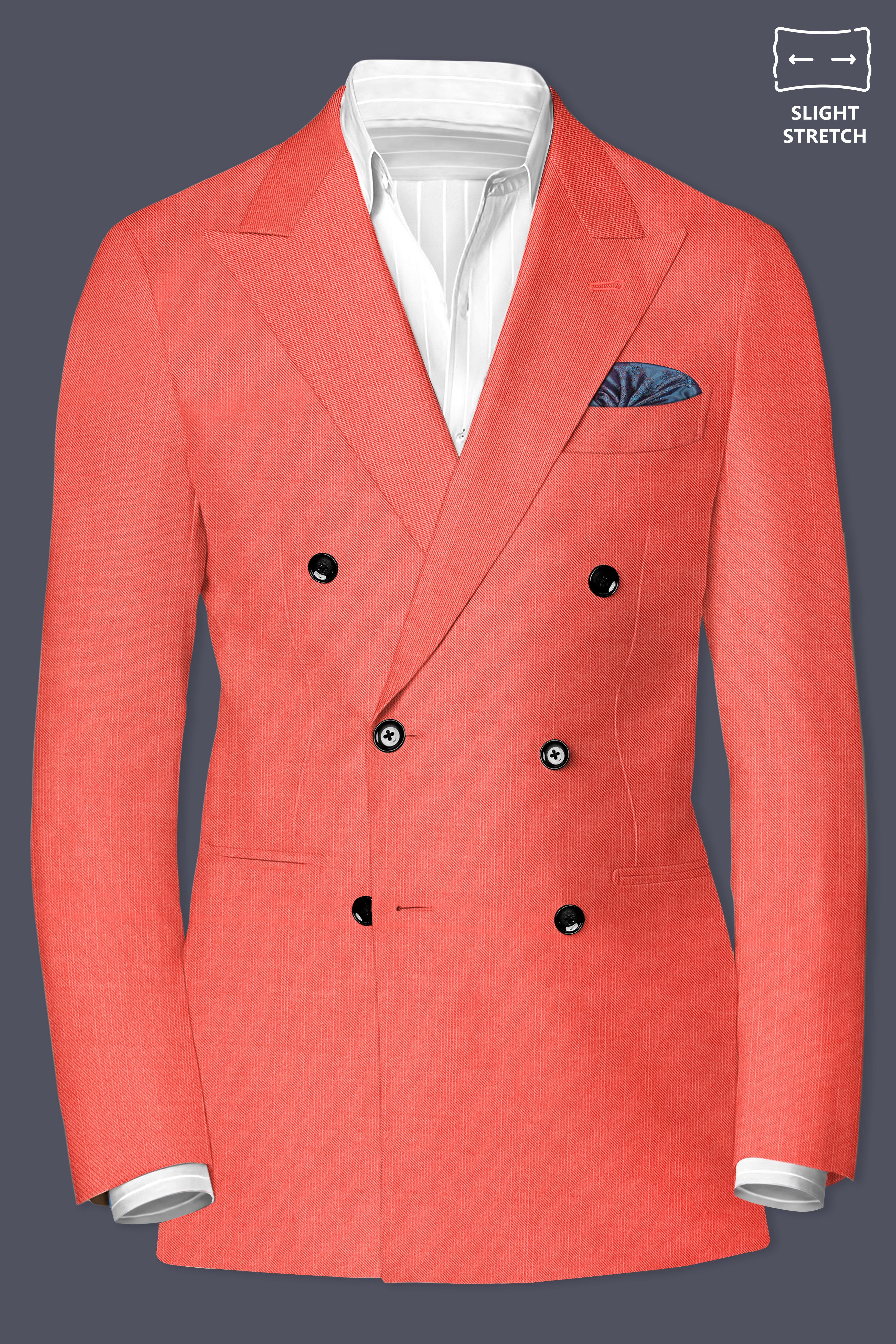 Aurora-Salmon Orange Solid Wool Rich Double Breasted Slight Stretch Blazer