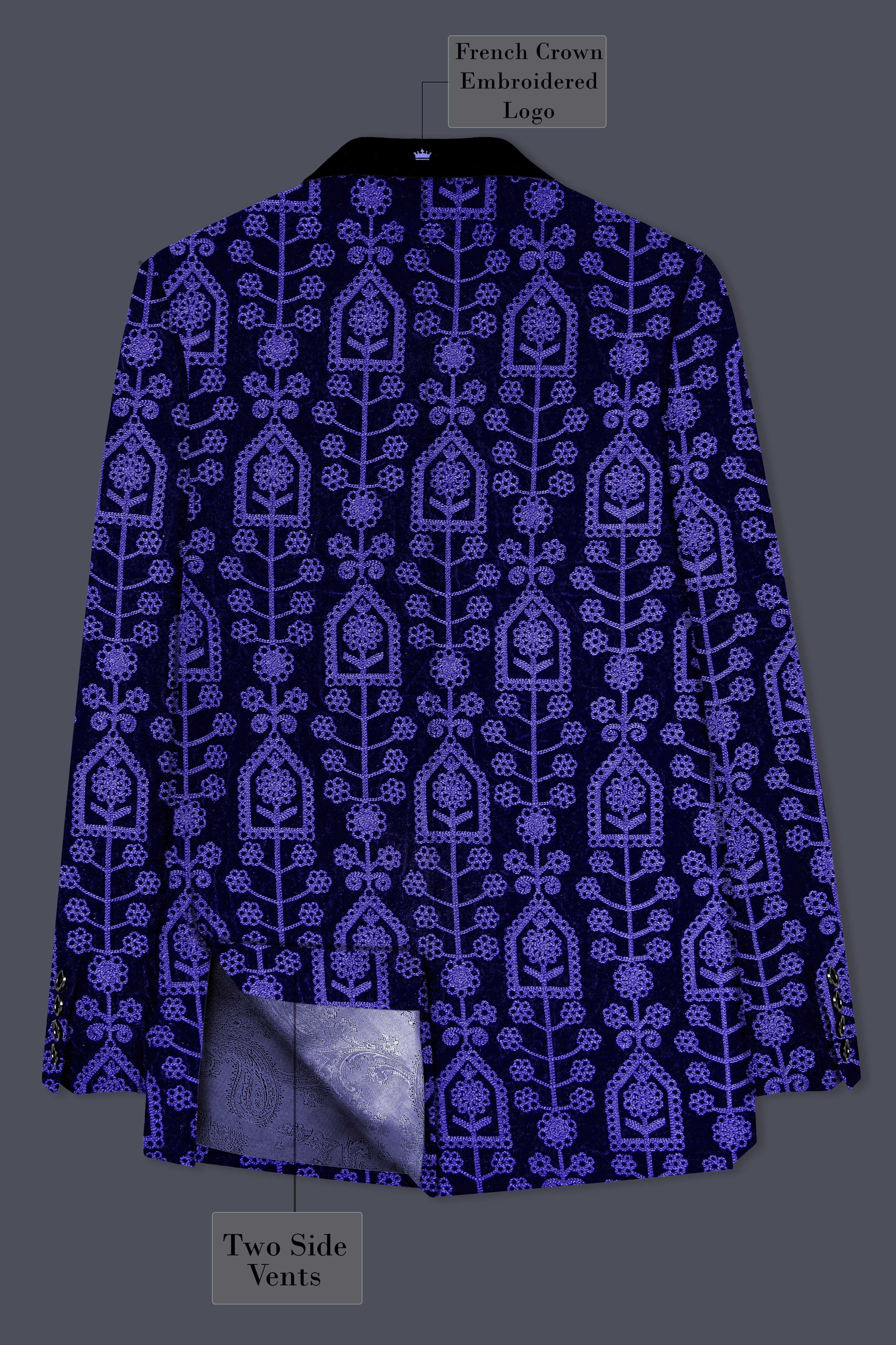 Gigas Blue Thread Work Embroidered Tuxedo Velvet Blazer