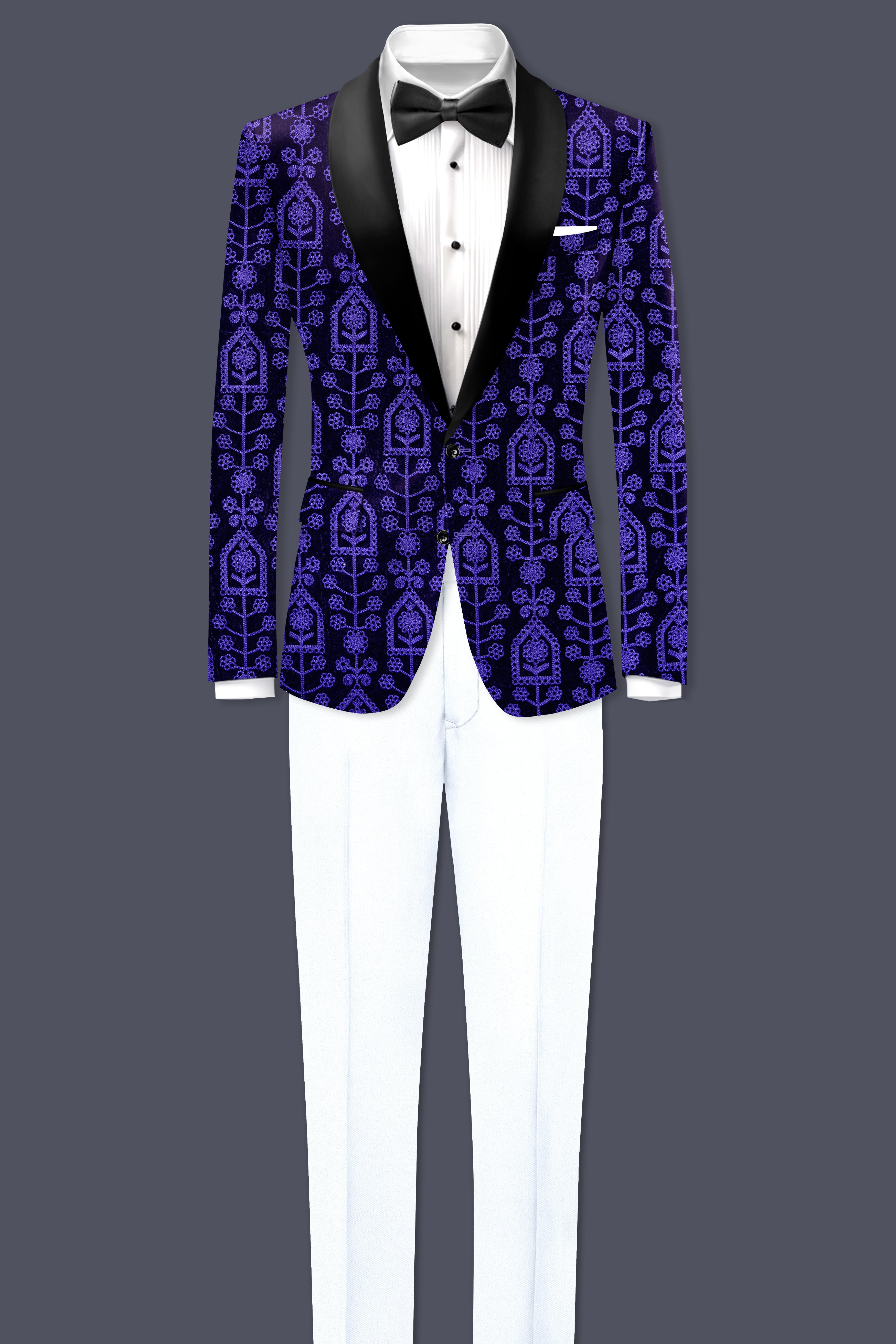 Gigas Blue Thread Work Embroidered Tuxedo Velvet Blazer