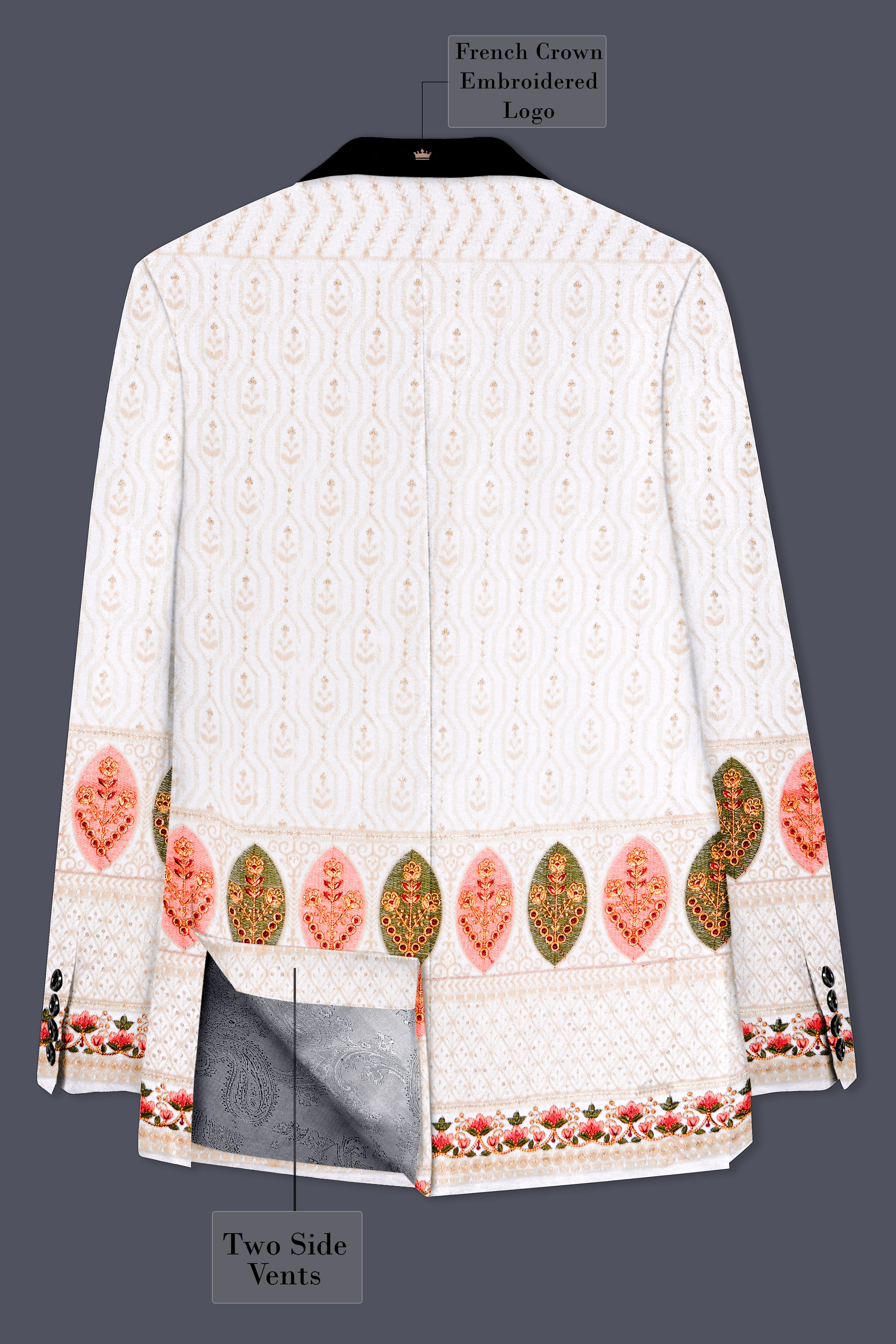 Bright White And Blush Peach Multicolor Sequin and thread leaf Embroidered Tuxedo Blazer