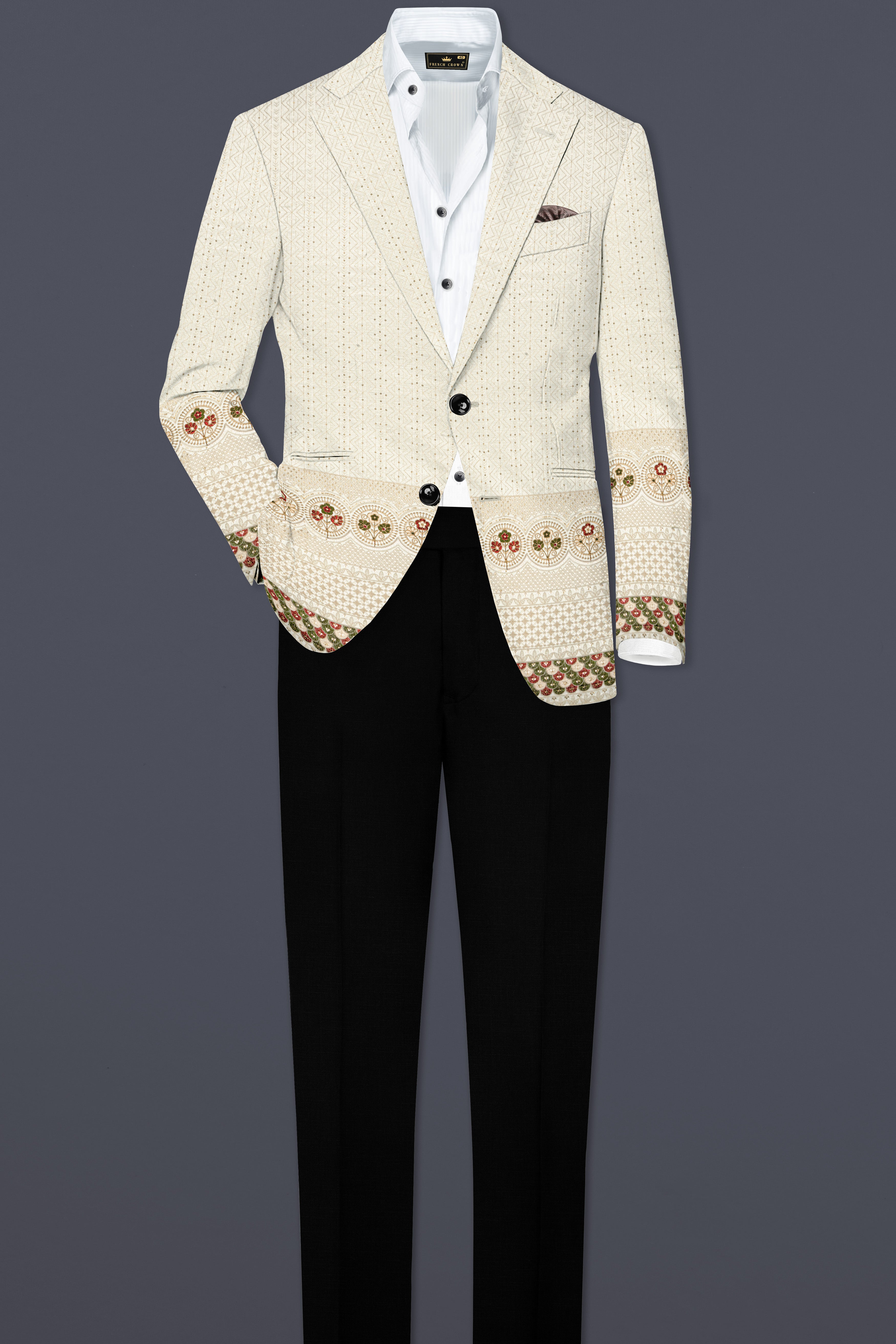 Off White And Blush Peach Multicolor Sequin and thread Embroidered Single Breasted Blazer