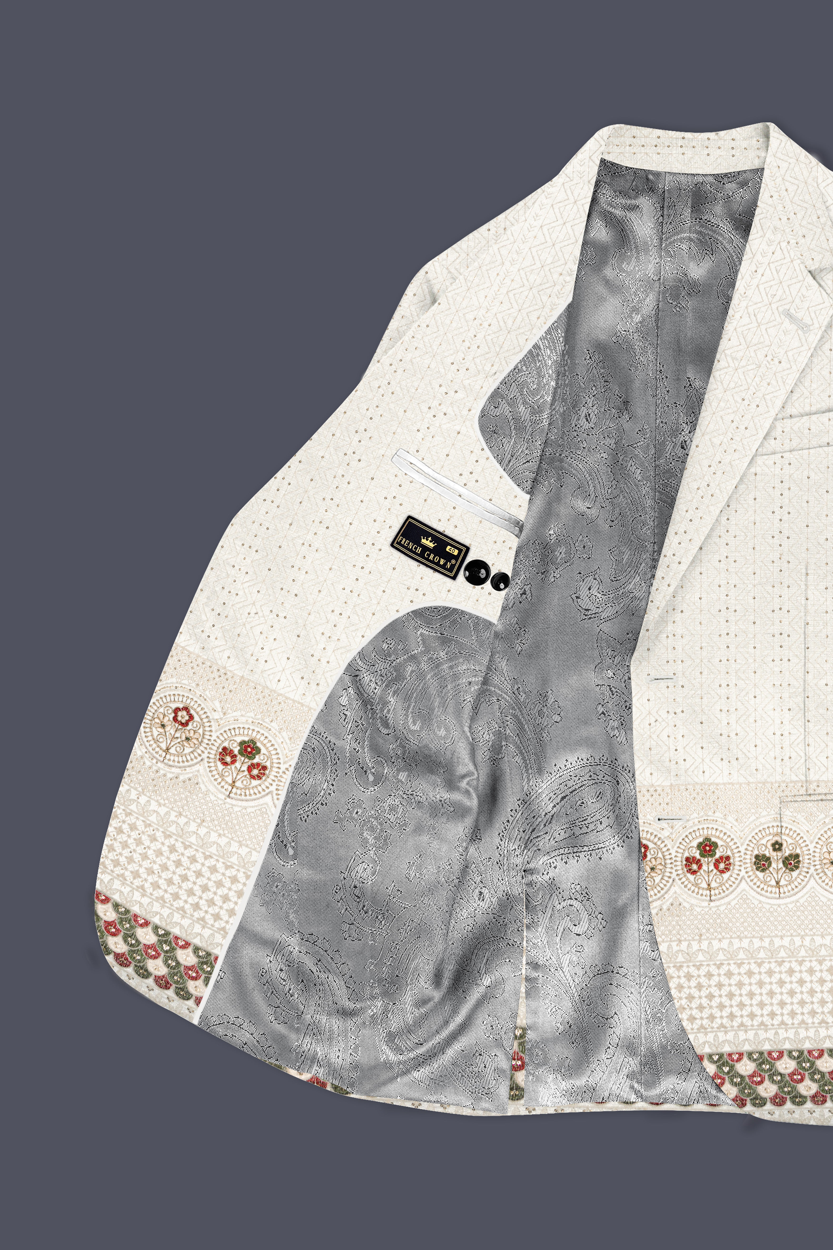 Off White And Metallic Red Multicolor Sequin and thread Embroidered Single Breasted Blazer