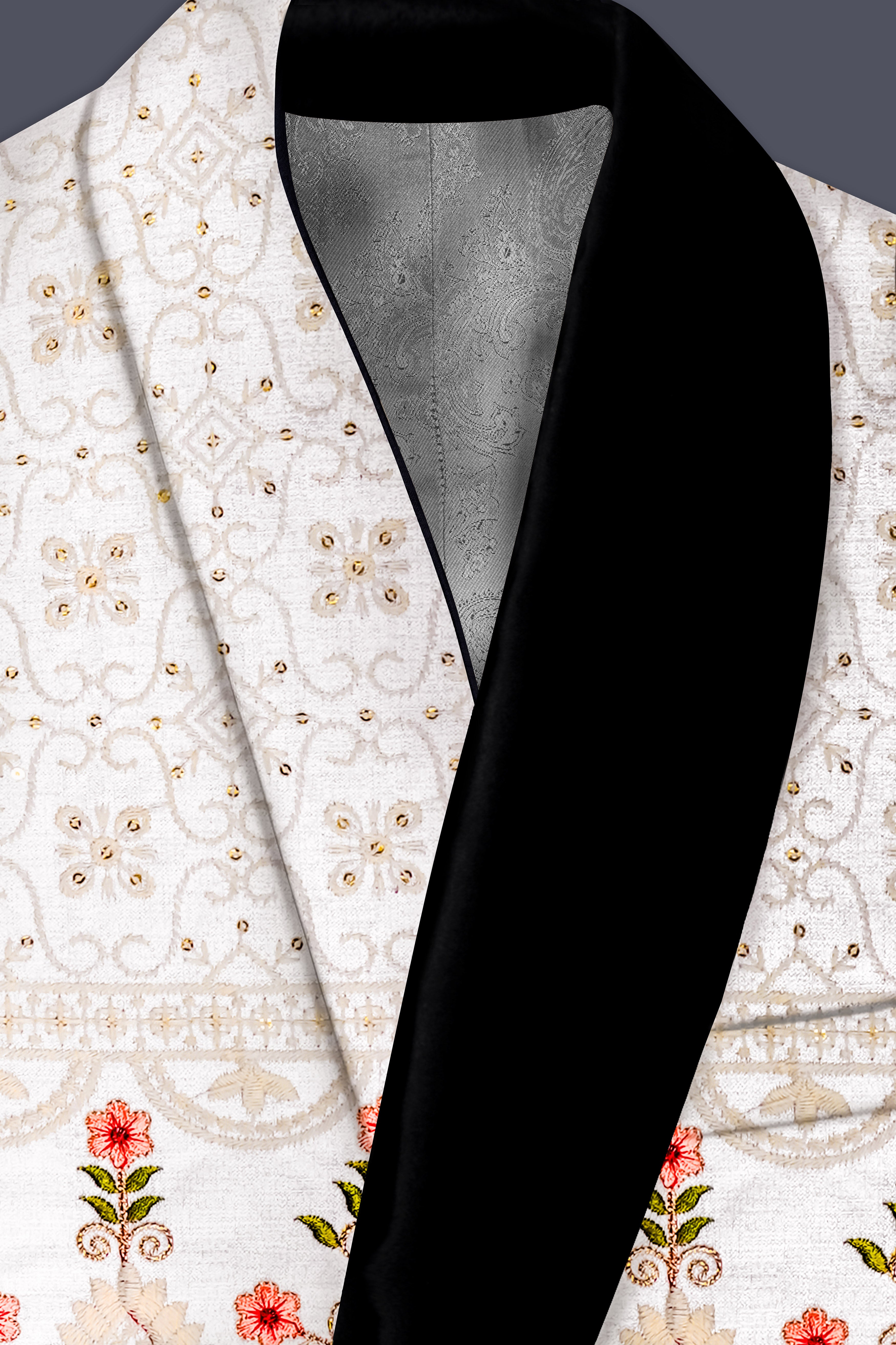 Romance White And Salmon Pink Sequin and thread Embroidered Tuxedo Blazer