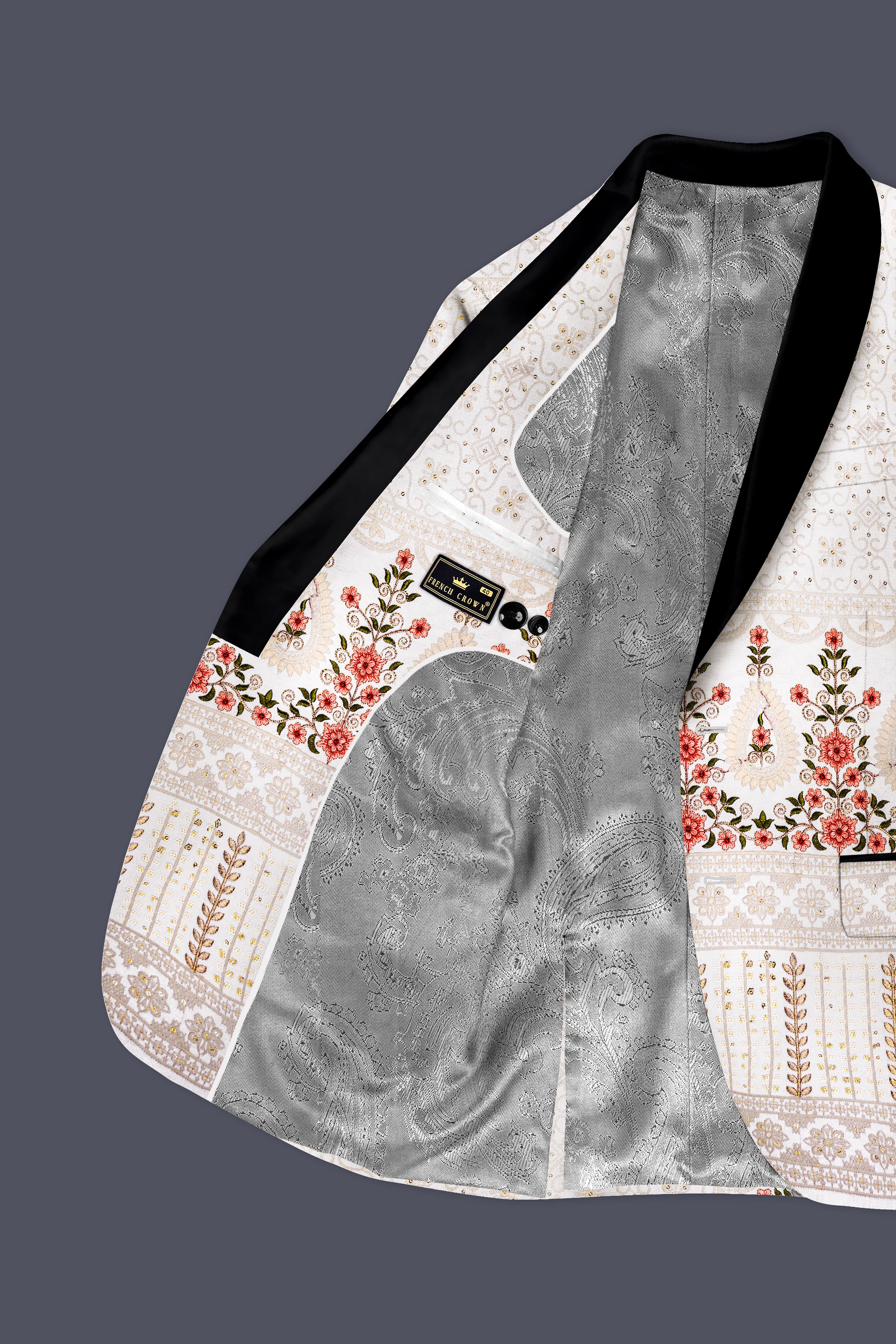 Romance White And Salmon Pink Sequin and thread Embroidered Tuxedo Blazer