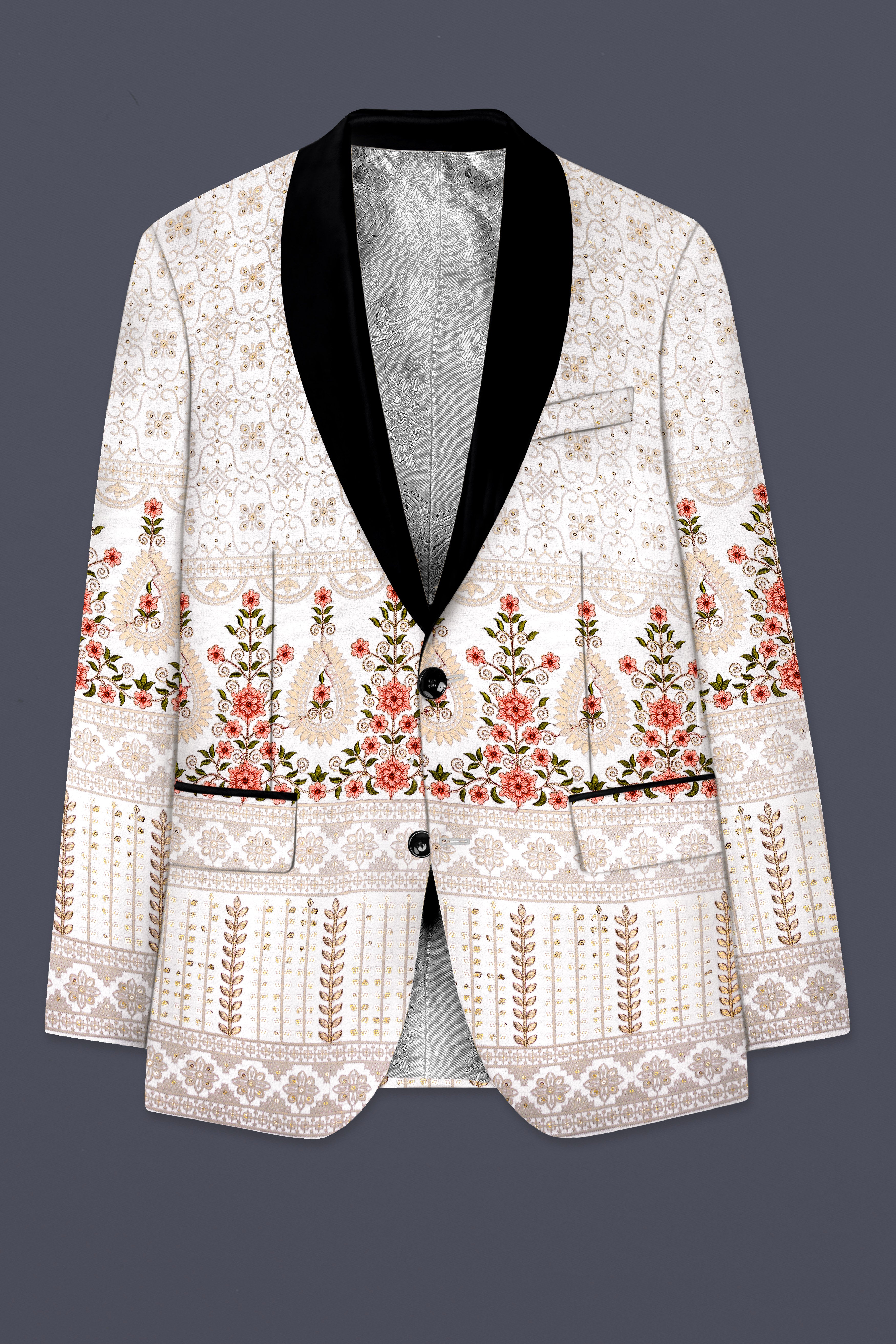 Romance White And Salmon Pink Sequin and thread Embroidered Tuxedo Blazer