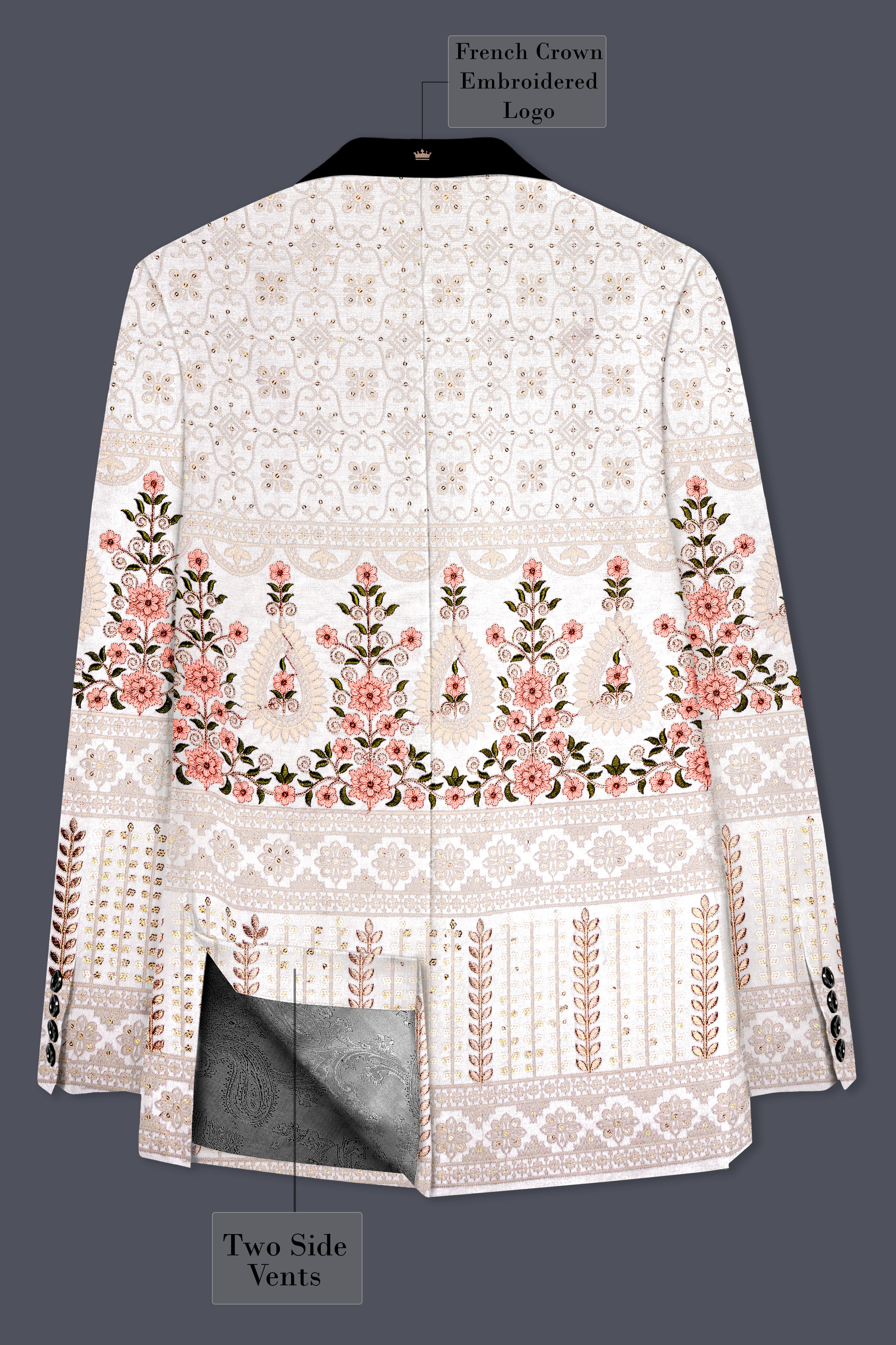 Romance White And Salmon Pink Sequin and thread Embroidered Tuxedo Blazer
