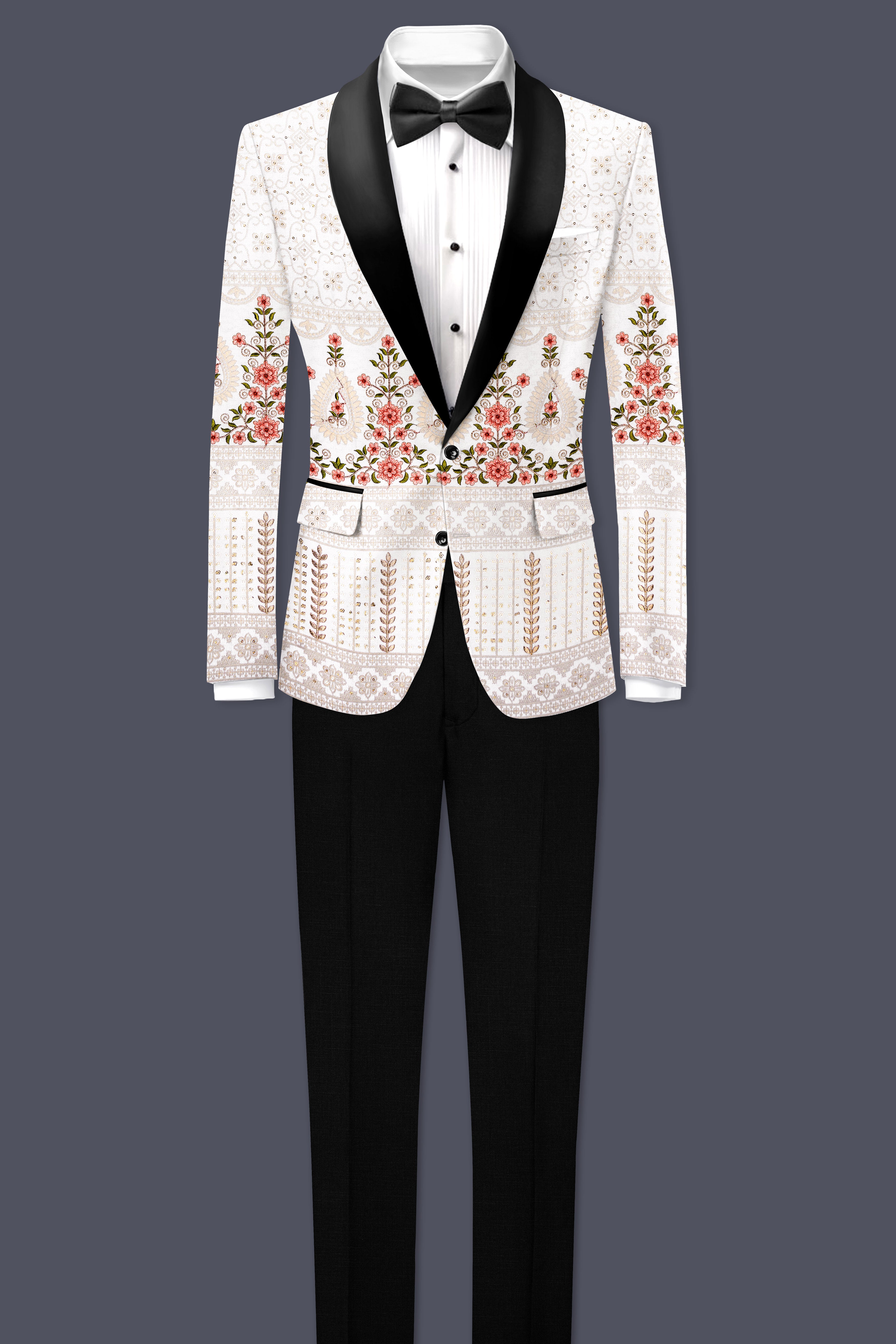 Romance White And Salmon Pink Sequin and thread Embroidered Tuxedo Blazer