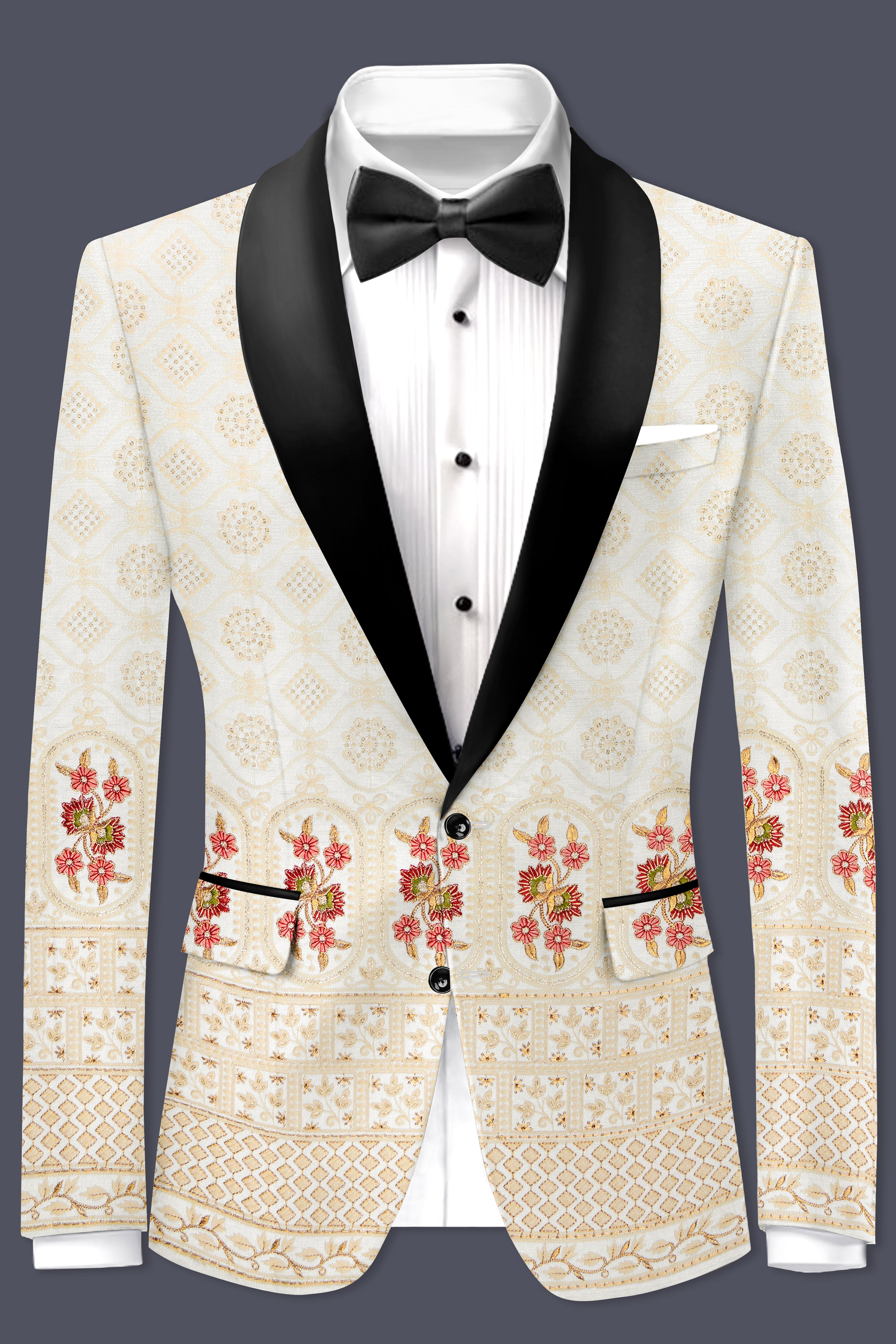 Ecru Off White And Peachy Pink Sequin and thread Embroidered Tuxedo Blazer