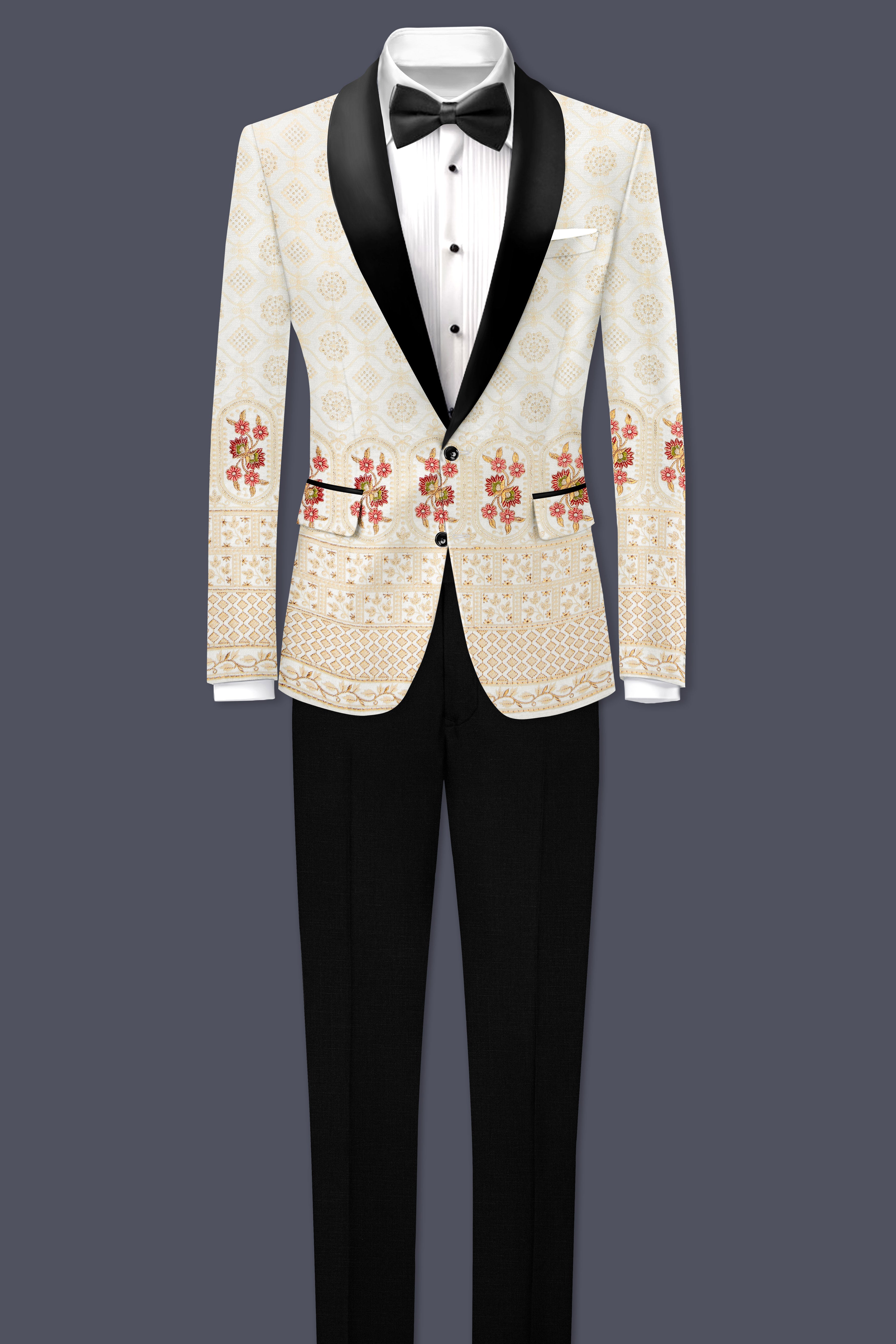 Ecru Off White And Peachy Pink Sequin and thread Embroidered Tuxedo Blazer