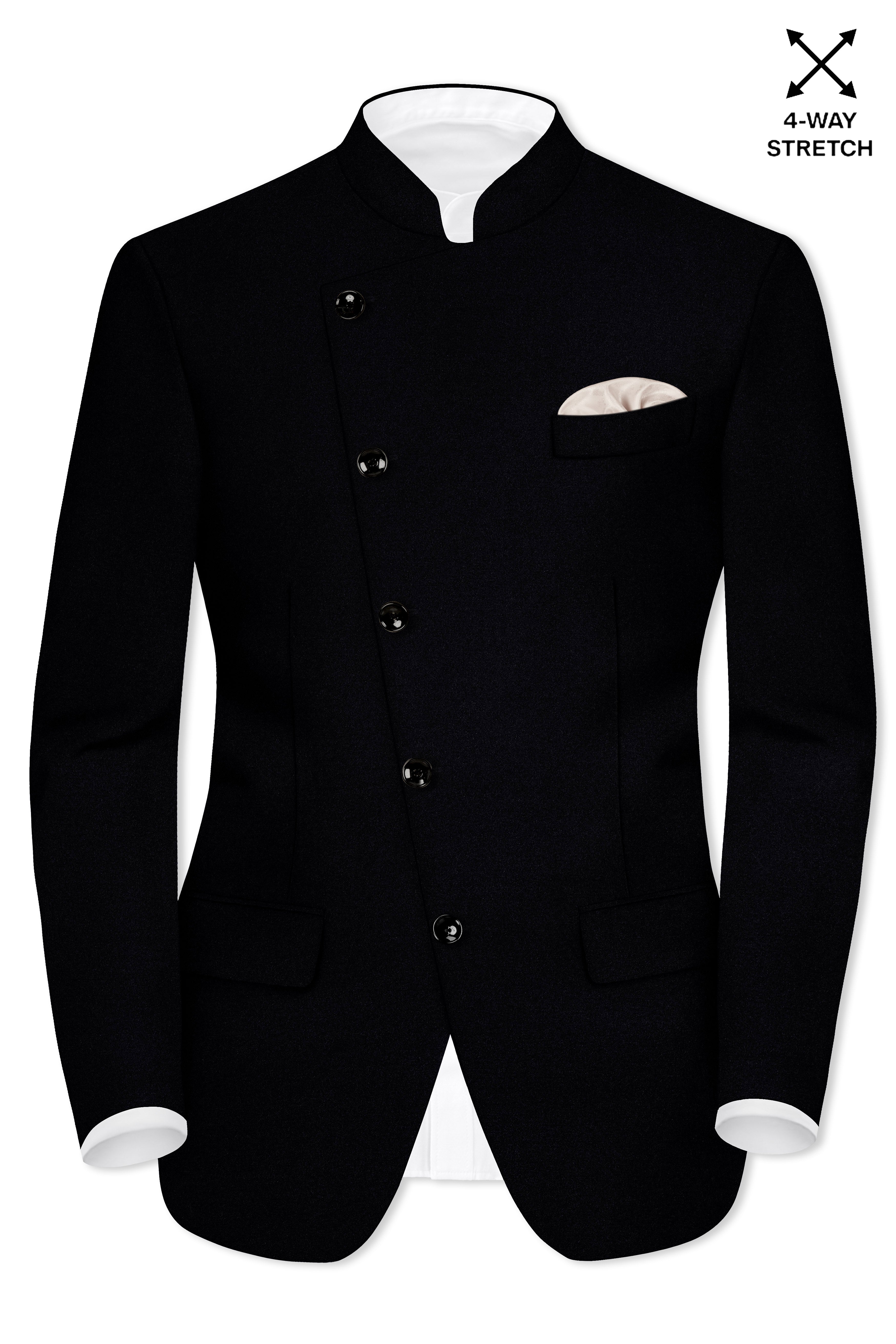 Noirex-Korean Black (The Best Black We Have) Wool Rich Cross Placket Bandhgala Slight Stretch Blazer