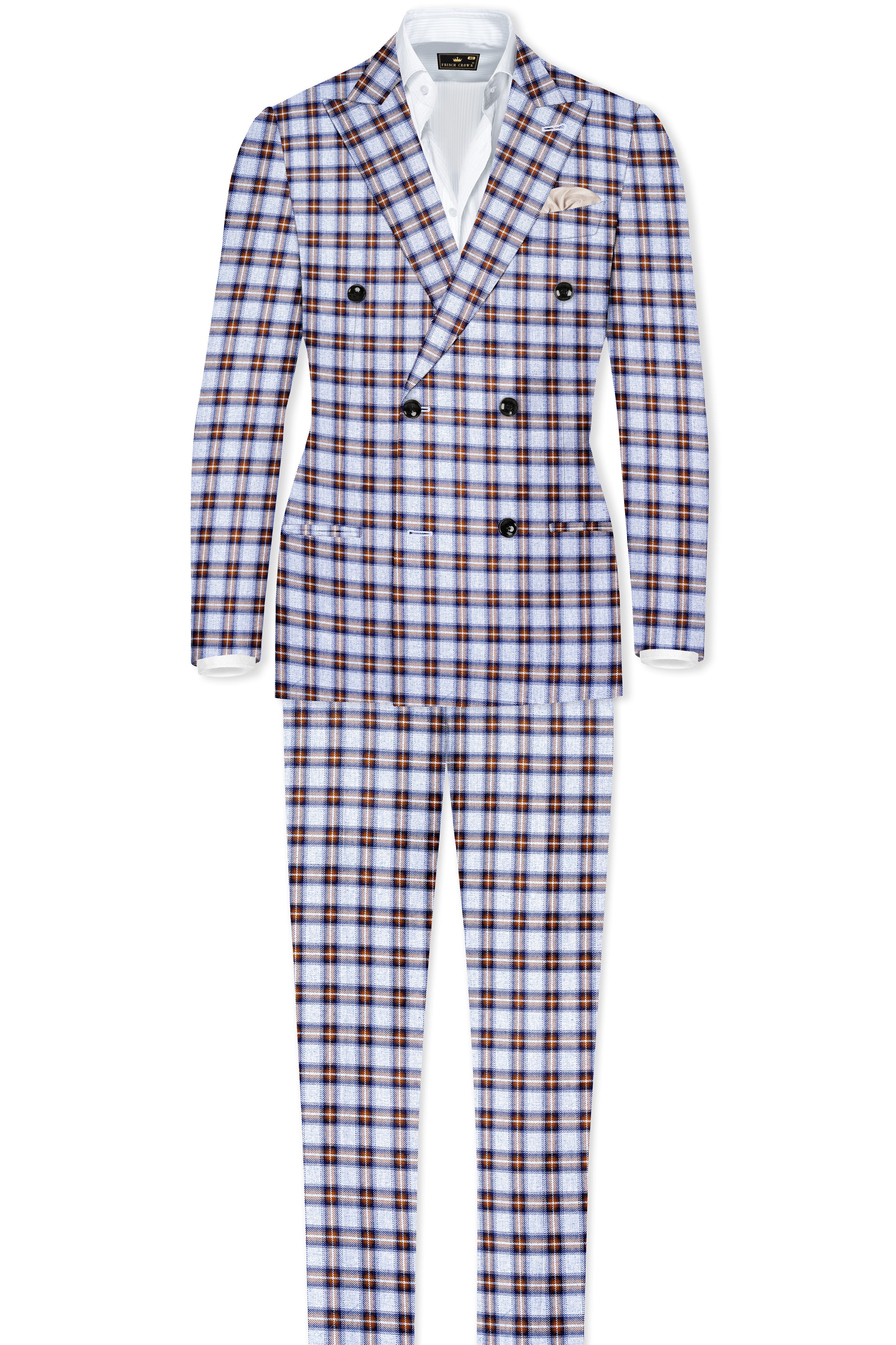 Castaire-Chateau Blue with Cocoa Brown Plaid Wool Rich Double Breasted Blazer
