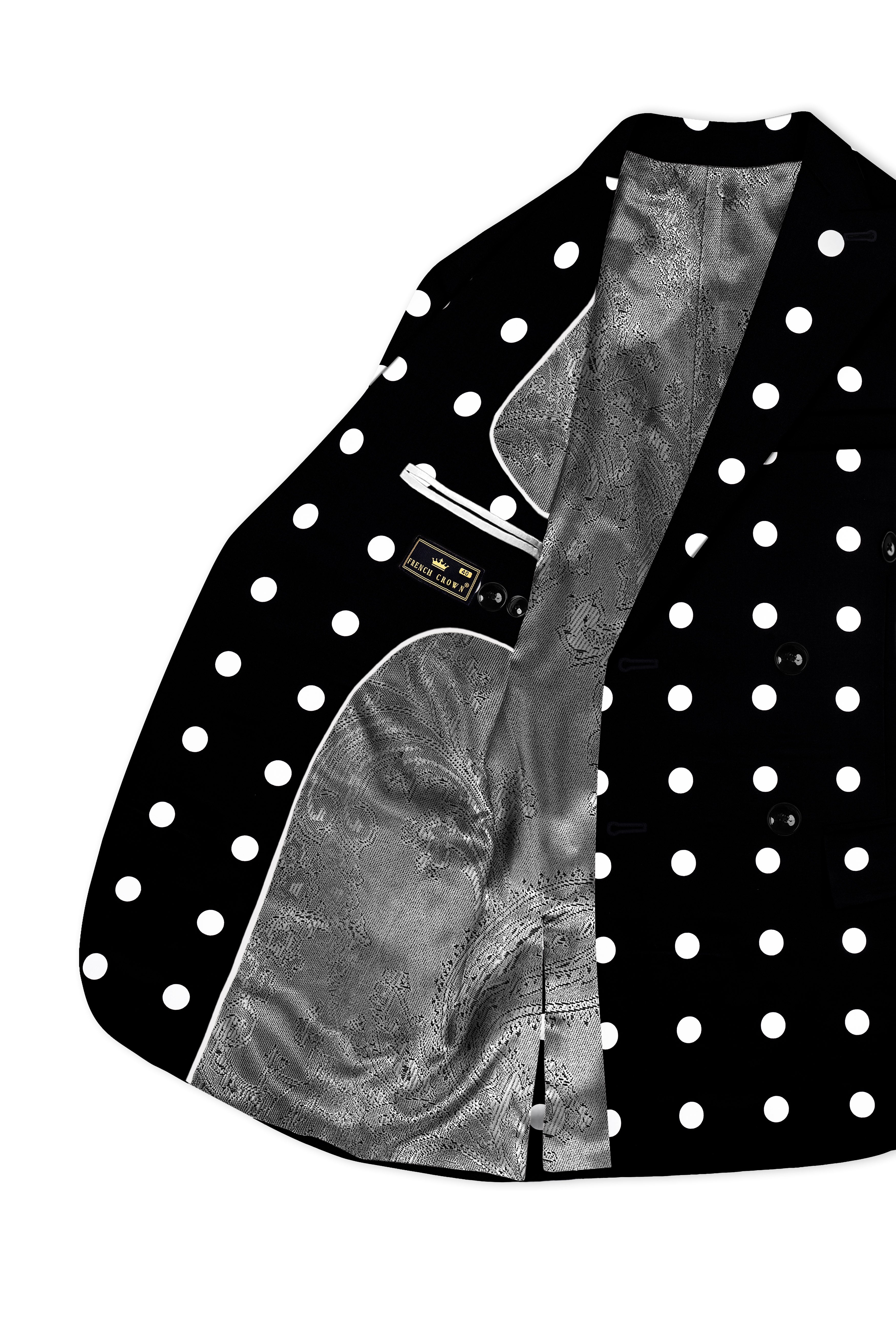 Noirdot-Jade Black and Bright White Polka Dotted Printed Premium Cotton Double Breasted Blazer