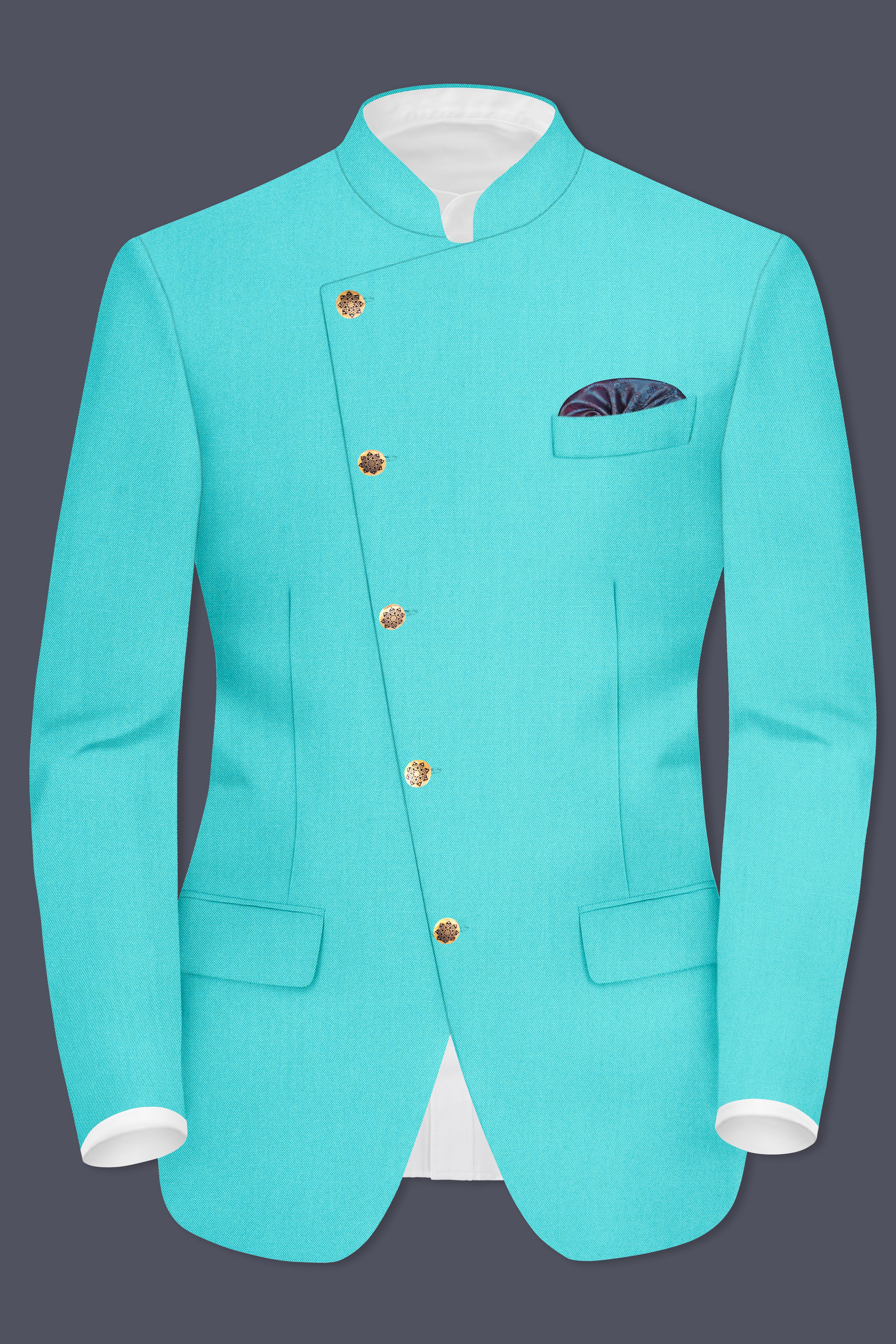 Aegir-Viking Blue Wool Rich Cross Placket Bandhgala Slight Stretch Blazer