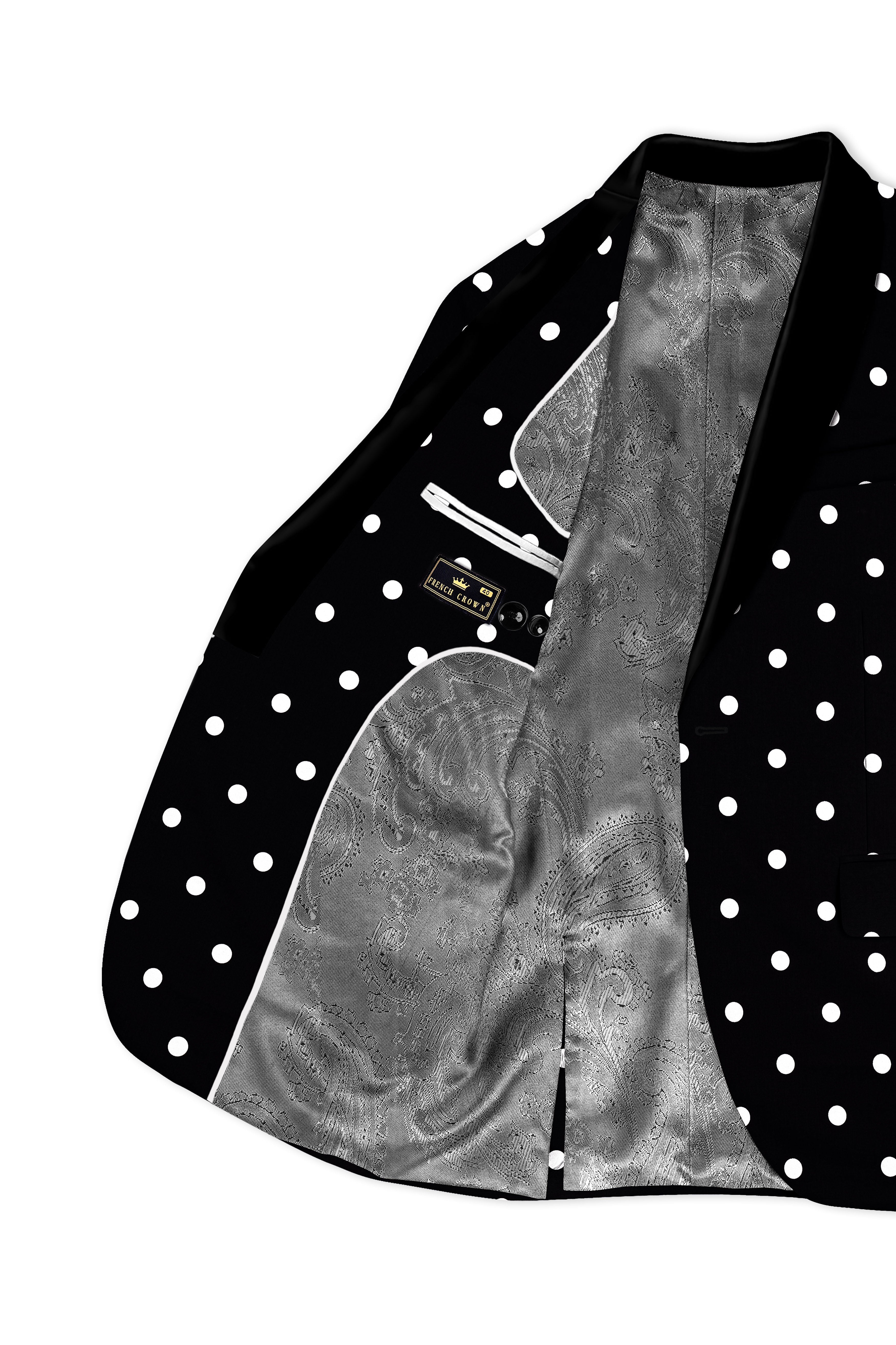 Noirdot-Jade Black Polka Dots Printed Premium Cotton Tuxedo Blazer