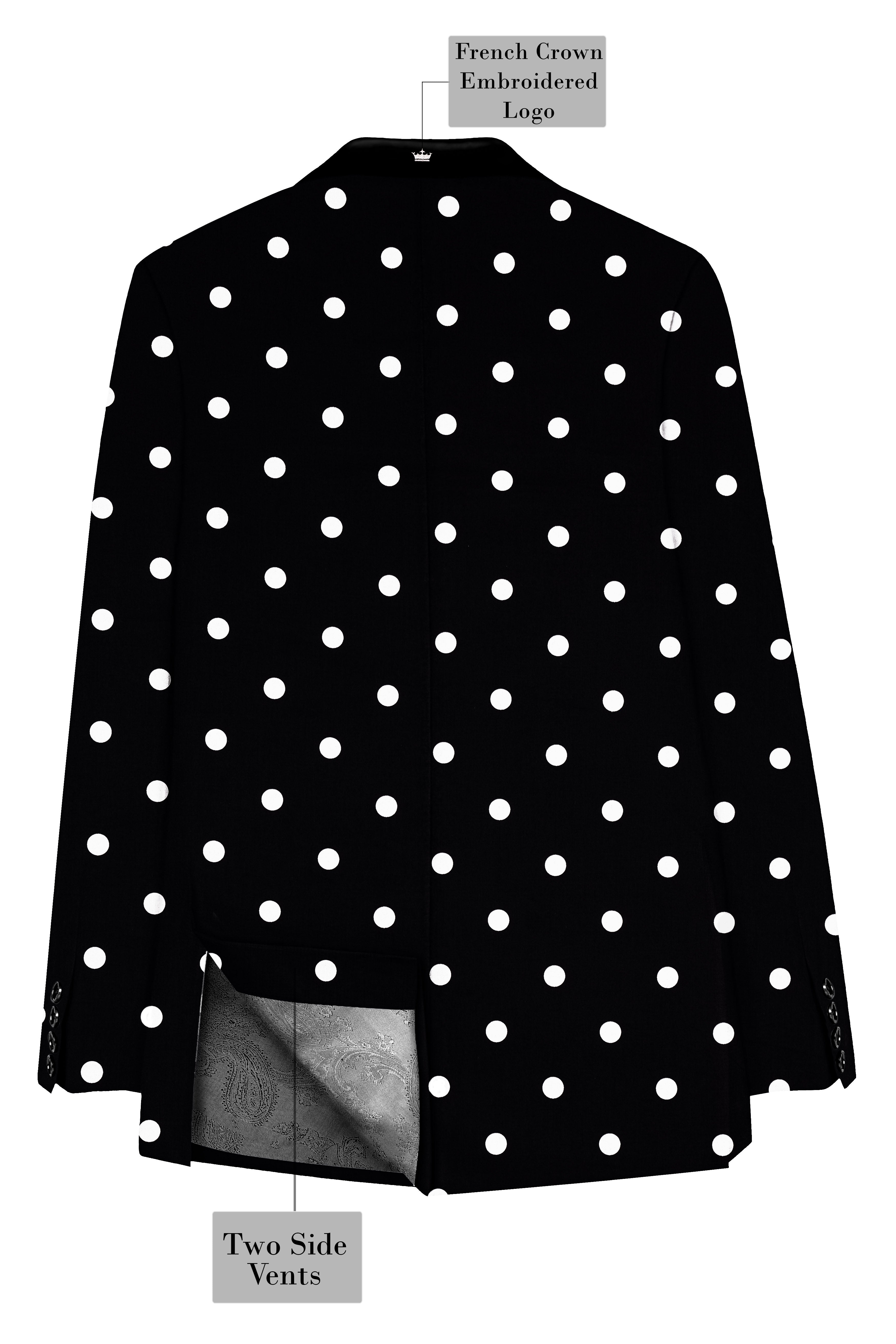 Noirdot-Jade Black Polka Dots Printed Premium Cotton Tuxedo Blazer