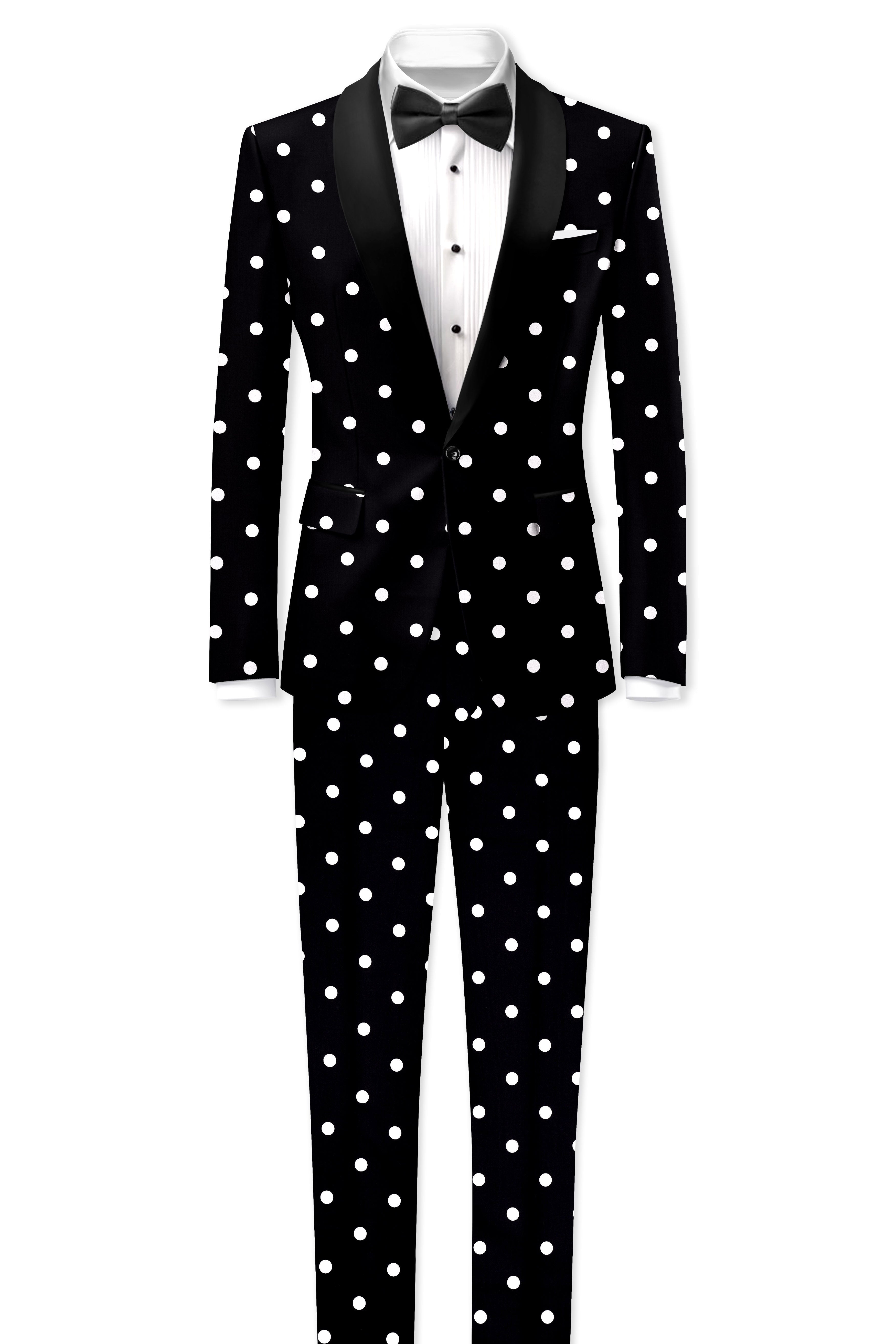 Noirdot-Jade Black Polka Dots Printed Premium Cotton Tuxedo Blazer