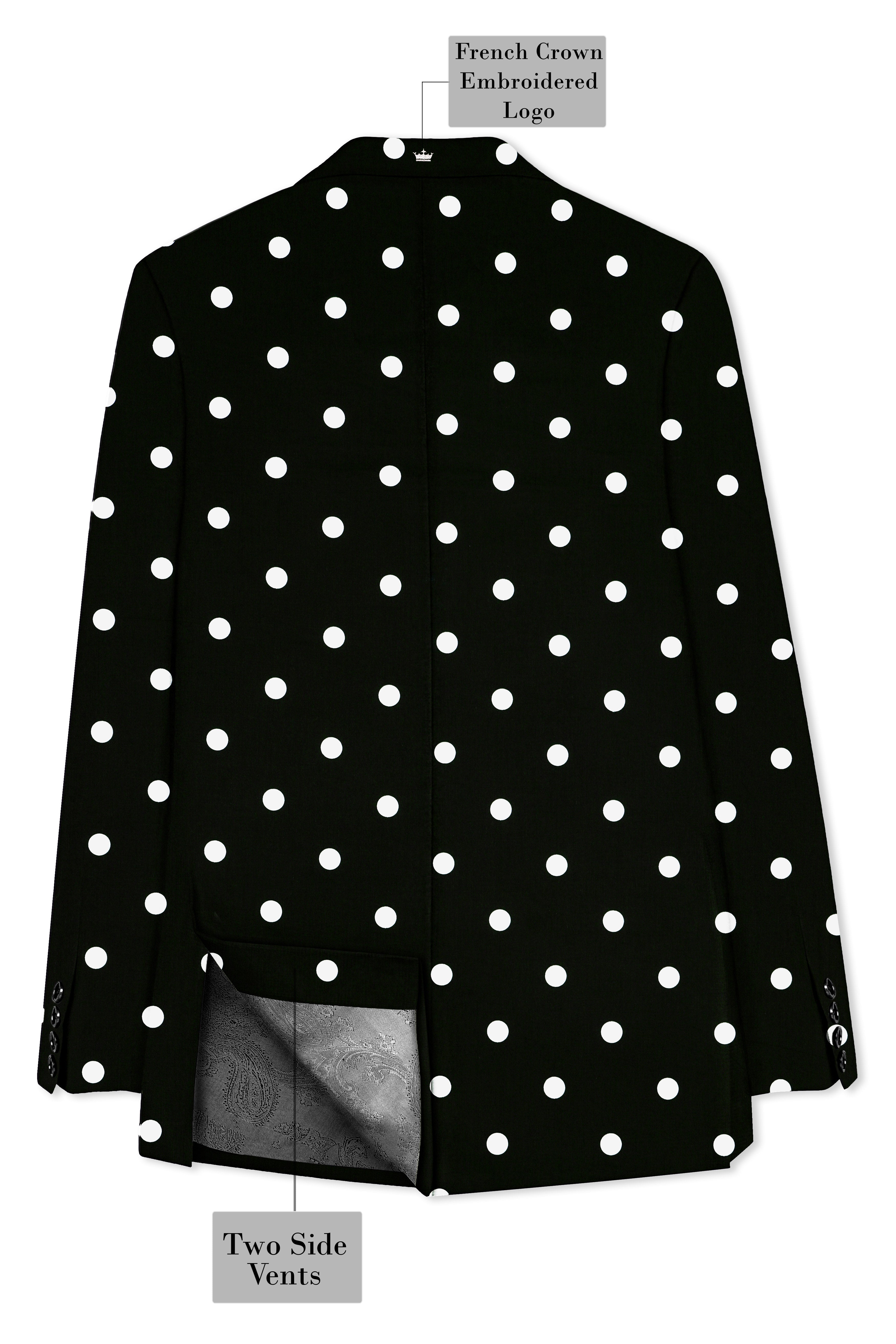 Noirdot-Jade Black Polka Dots Printed Premium Cotton Peak Lapel Tuxedo Blazer