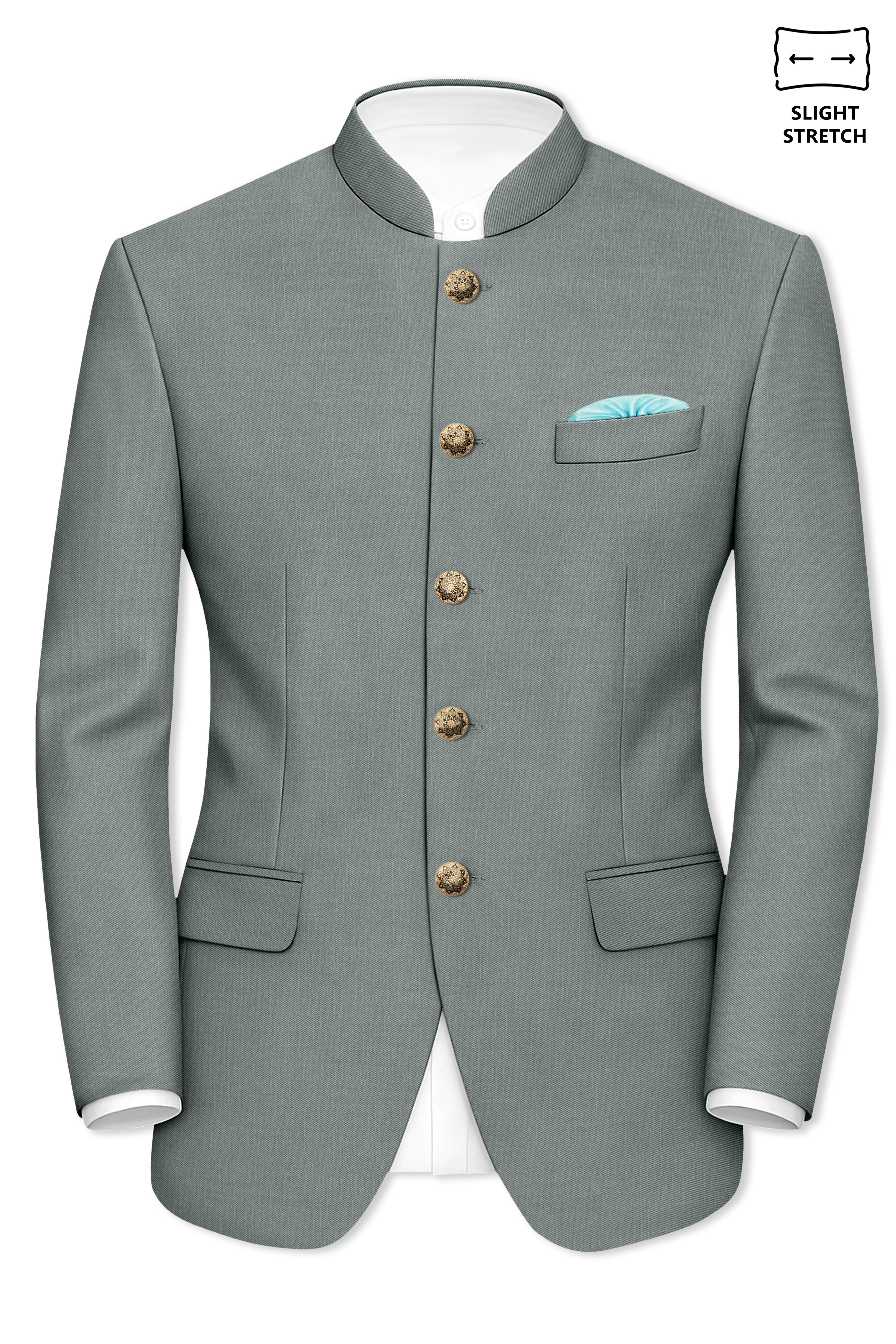 Travliam-William Green Wool Rich Bandhgala Slight Stretch Blazer
