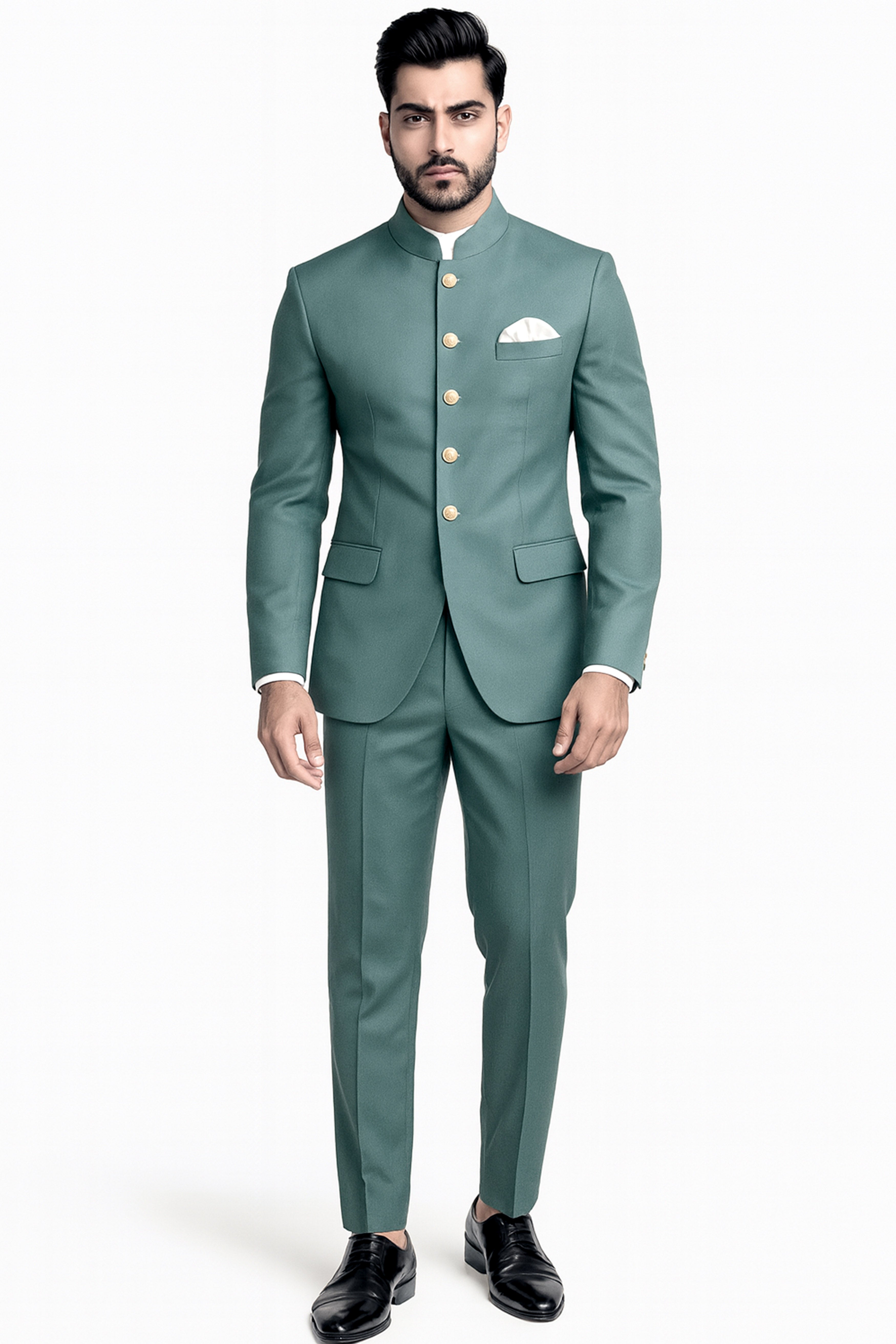 Travliam-William Green Wool Rich Bandhgala Stretchable Traveler Blazer