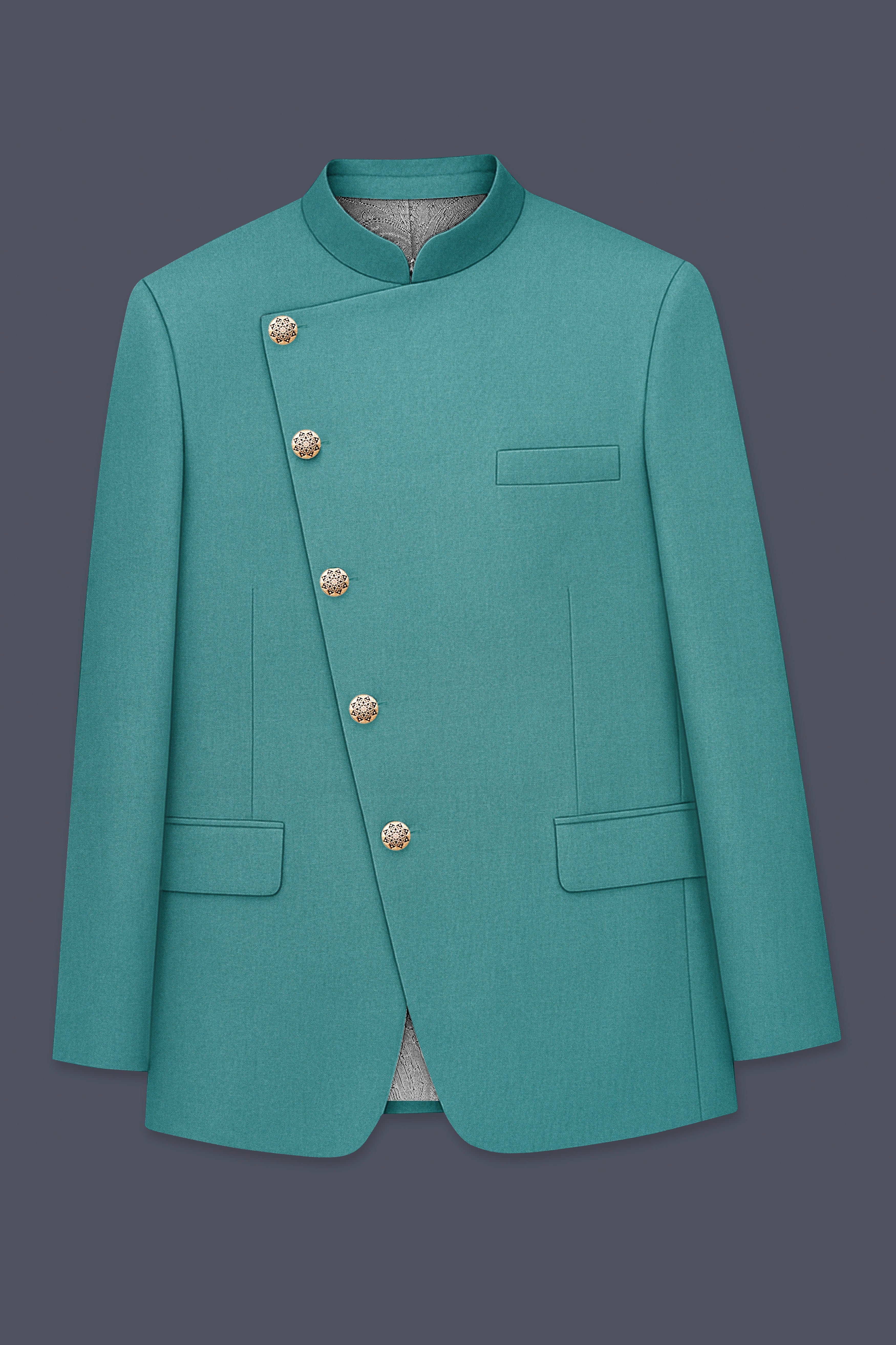 Travirid-Gothic Green Wool Rich Cross Placket Bandhgala Stretchable Traveler Blazer