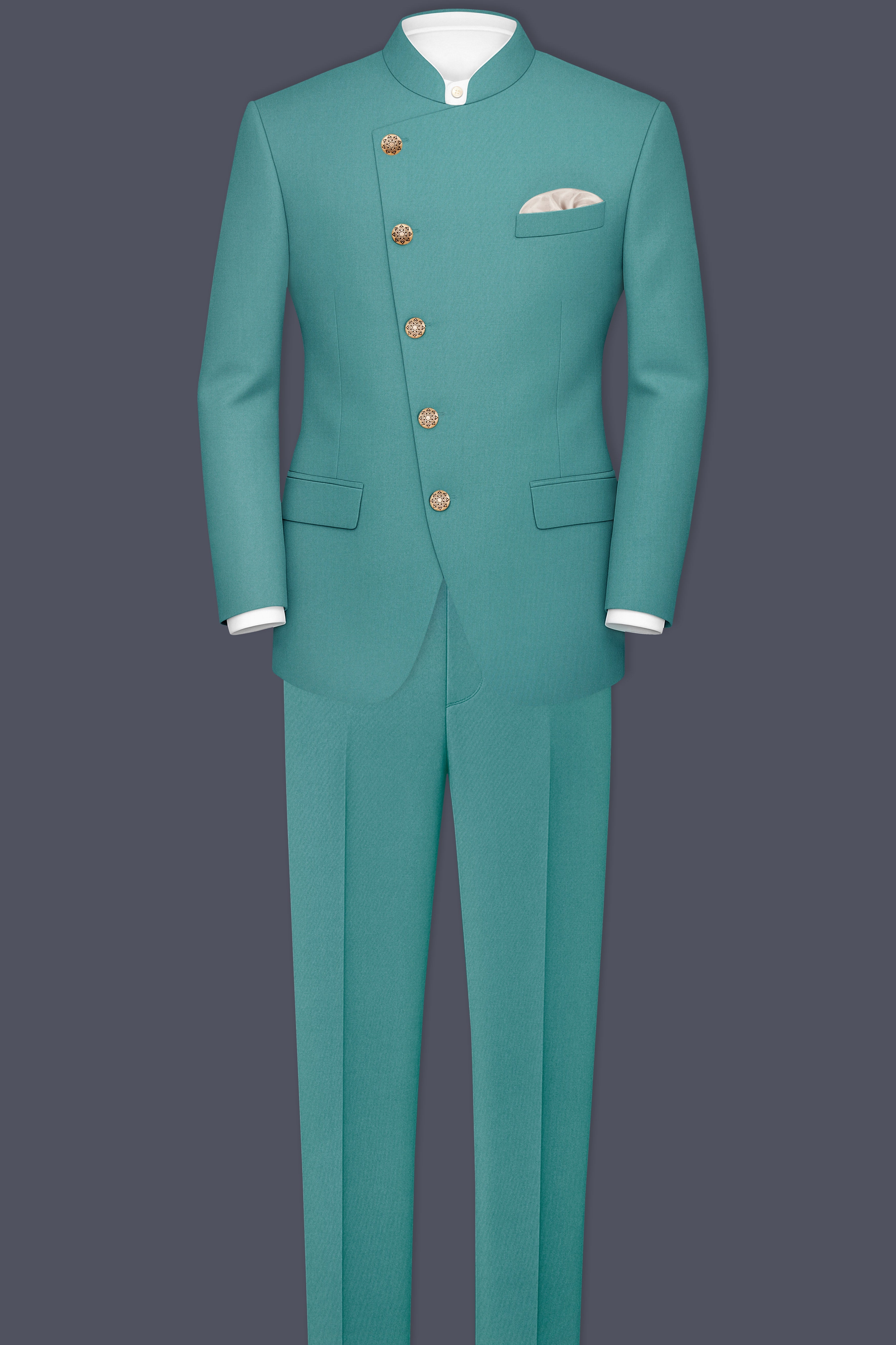 Travirid-Gothic Green Wool Rich Cross Placket Bandhgala Stretchable Traveler Blazer