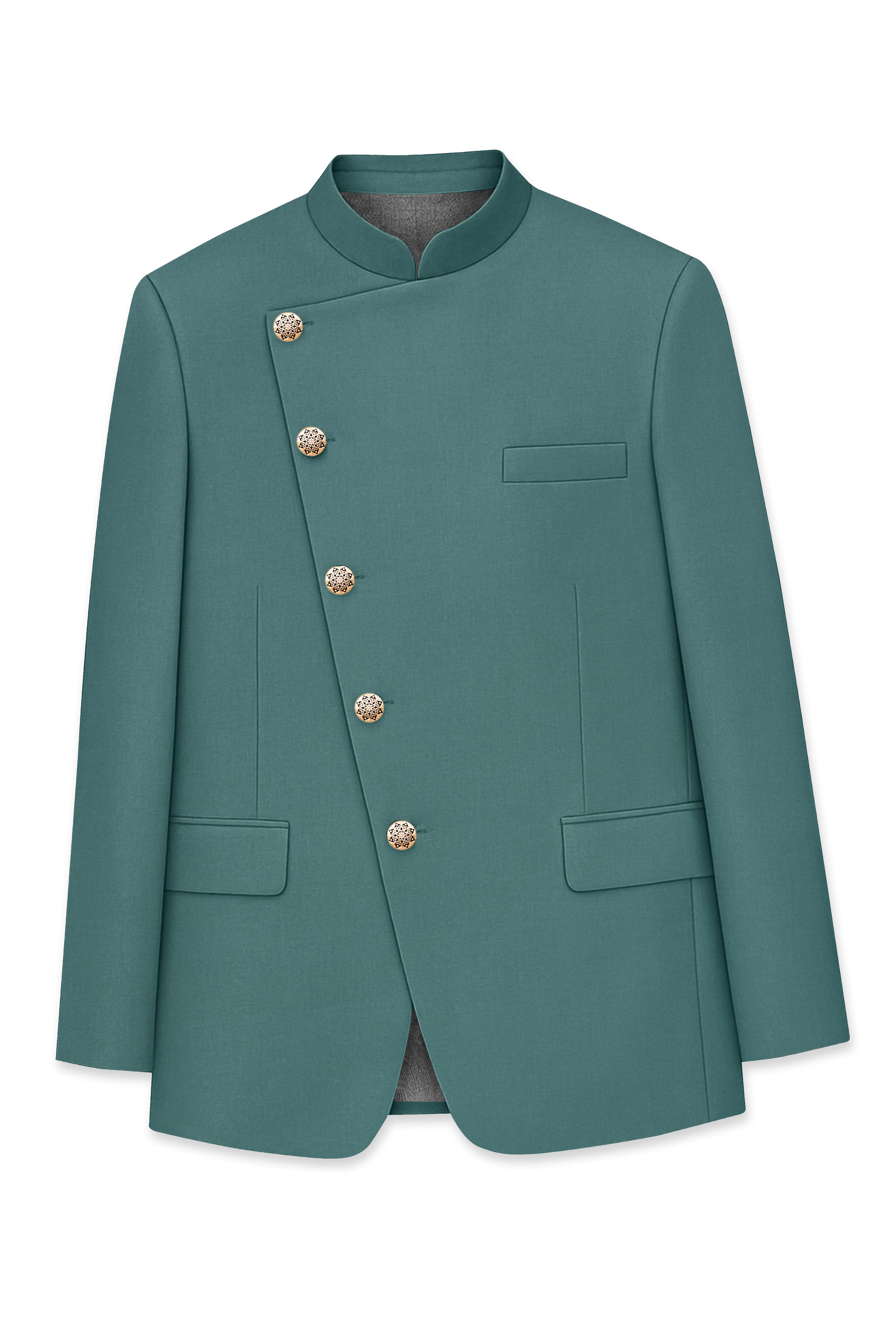 Travliam-William Green Wool Rich Cross Placket Bandhgala Stretchable Traveler Blazer