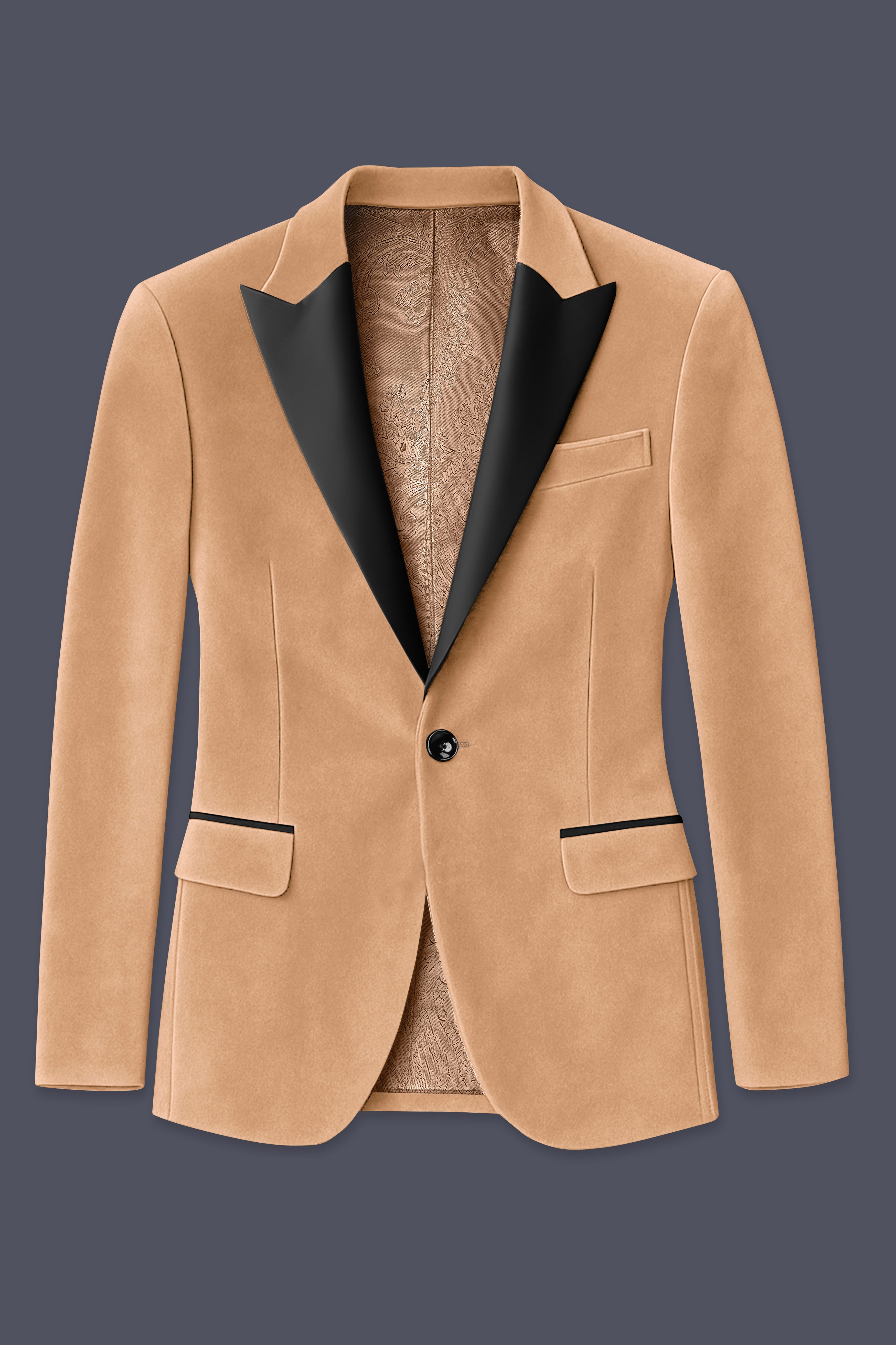 Ivorel-Fawn Cream Velvet Peak Lapel Tuxedo Blazer