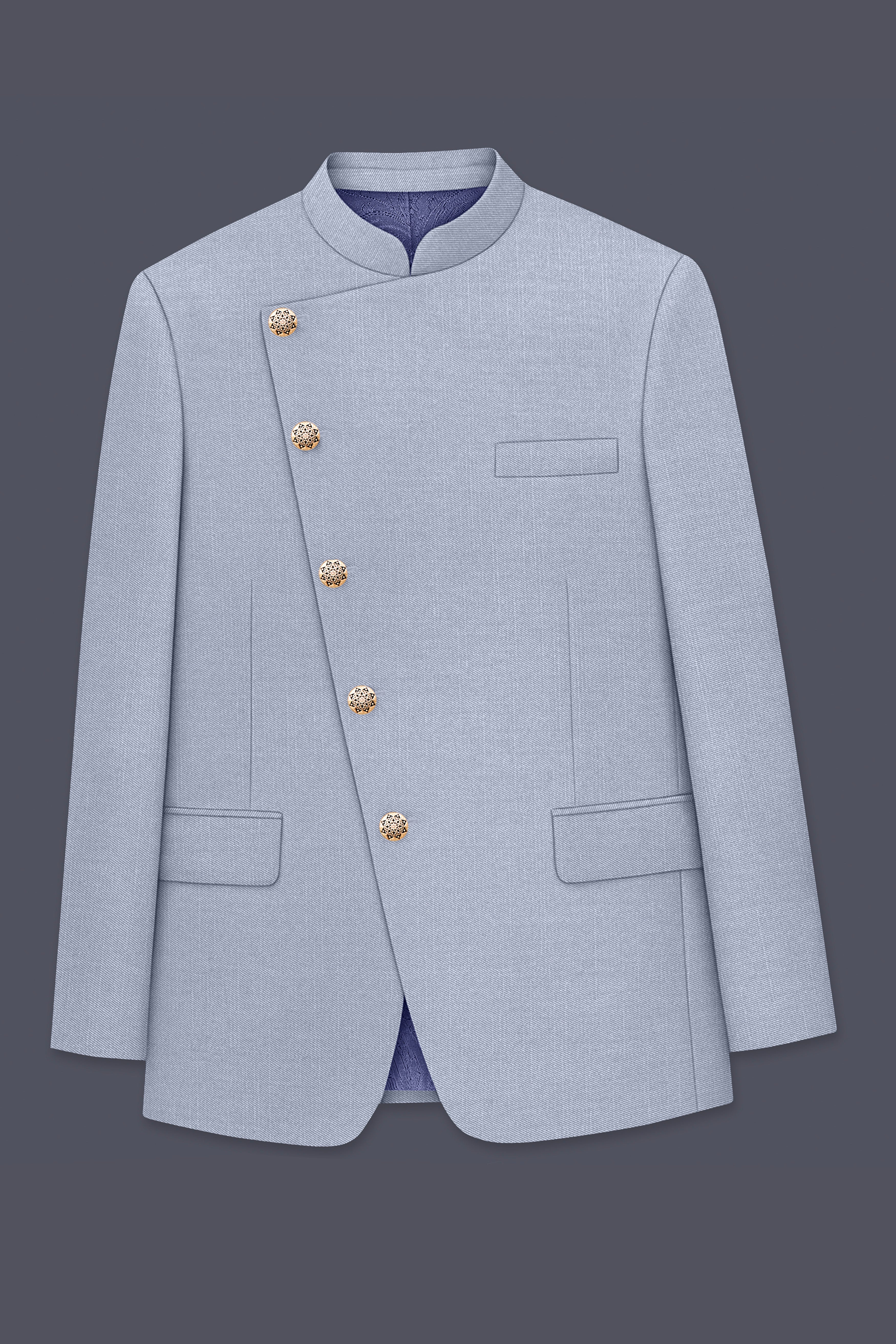 Mistivell-Mountain Mist Gray Wool Rich Cross Placket Bandhgala Stretchable traveler Blazer