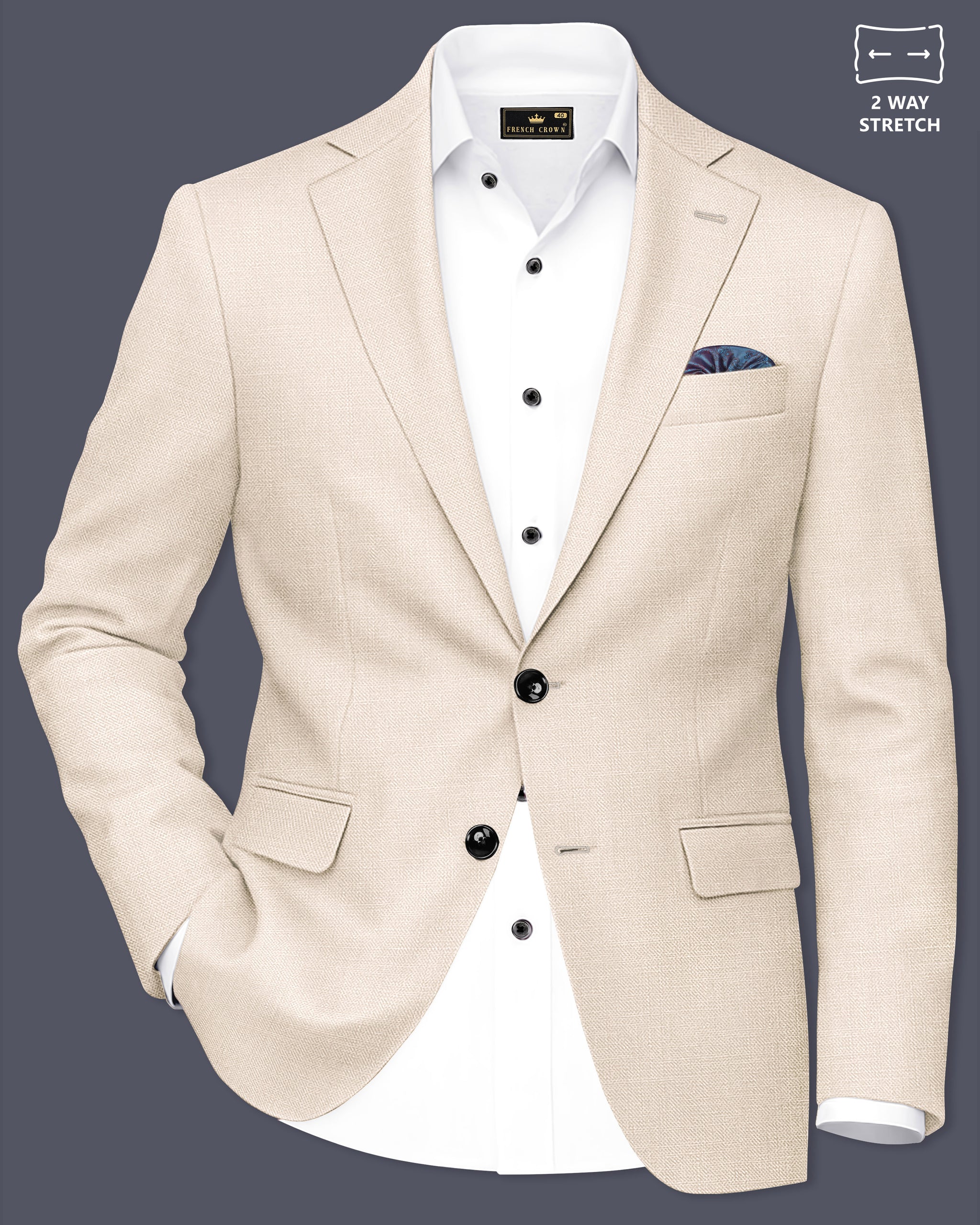 Men's Cream Solid Single Breasted Cotton Blazer