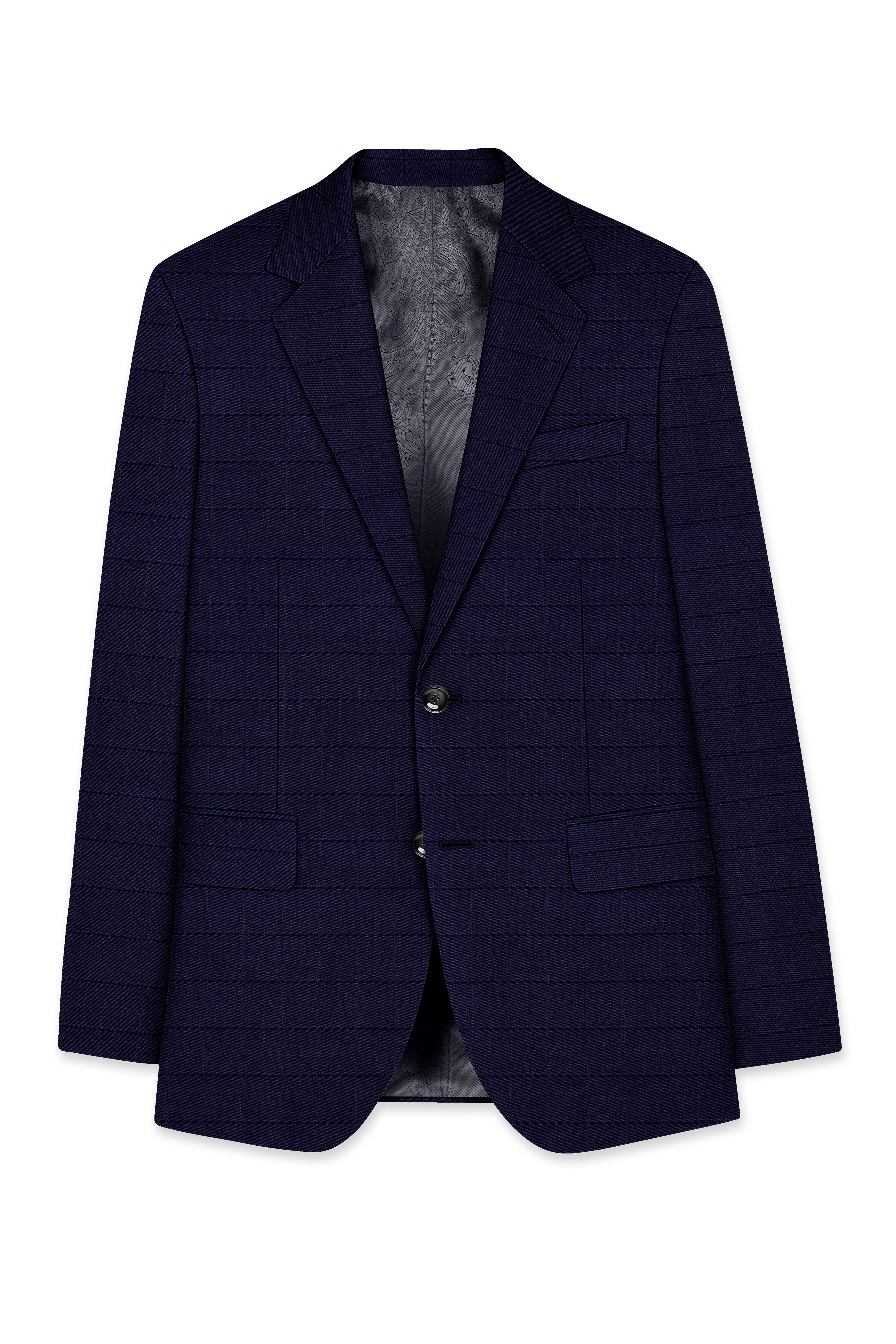 Azurane-Ebony Blue Windowpane Wool Rich Single Breasted Blazer