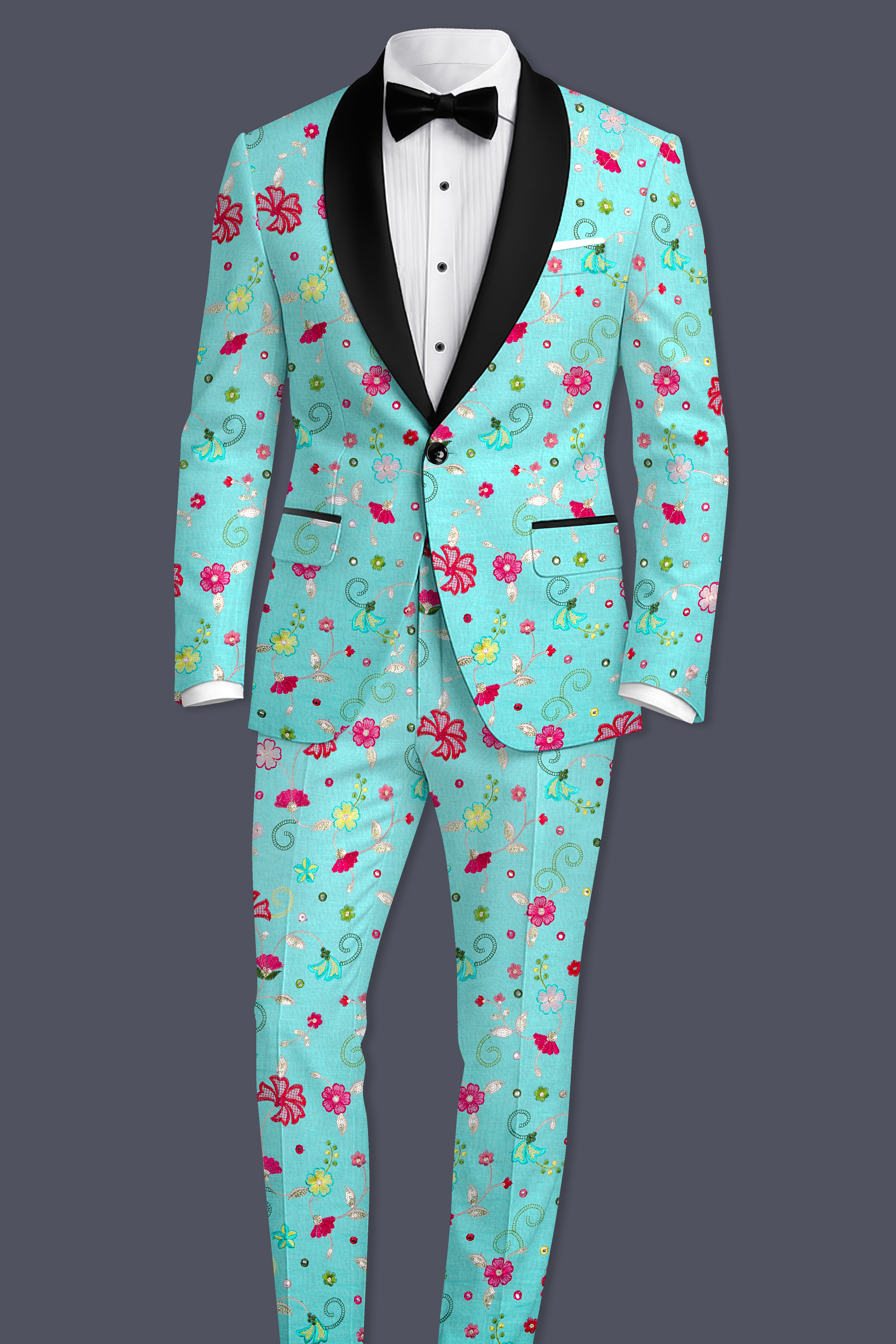 Rosavon-Cyan Blue and Charm Pink Floral Cotton Thread Embroidered Designer Tuxedo Blazer