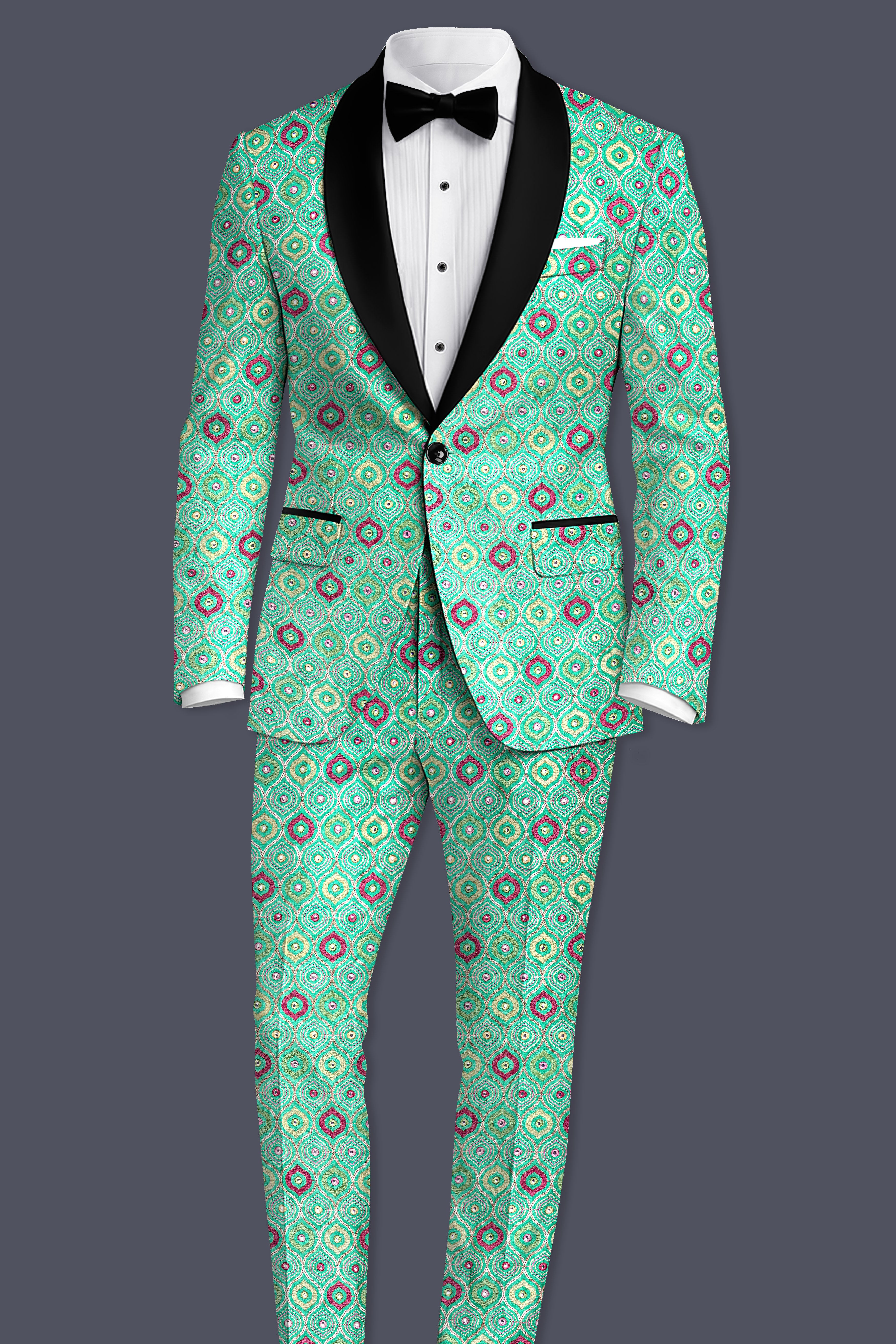 Florambre-Bermuda Green and Charm Pink Ogee Cotton Thread Embroidered Designer Tuxedo Blazer