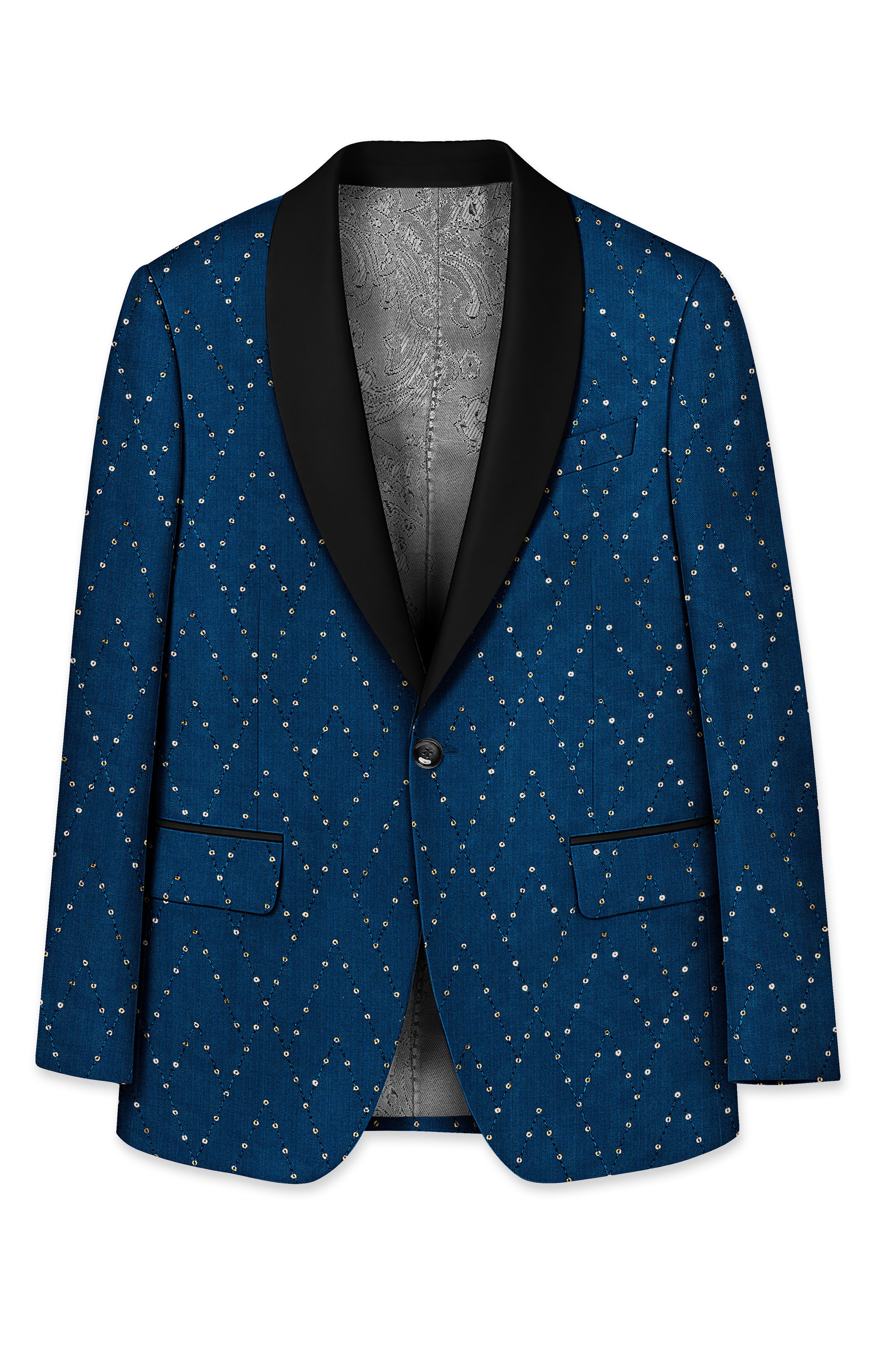 Aureven-Venice Blue Embroidered Viscose Tikki Work Designer Tuxedo Blazer