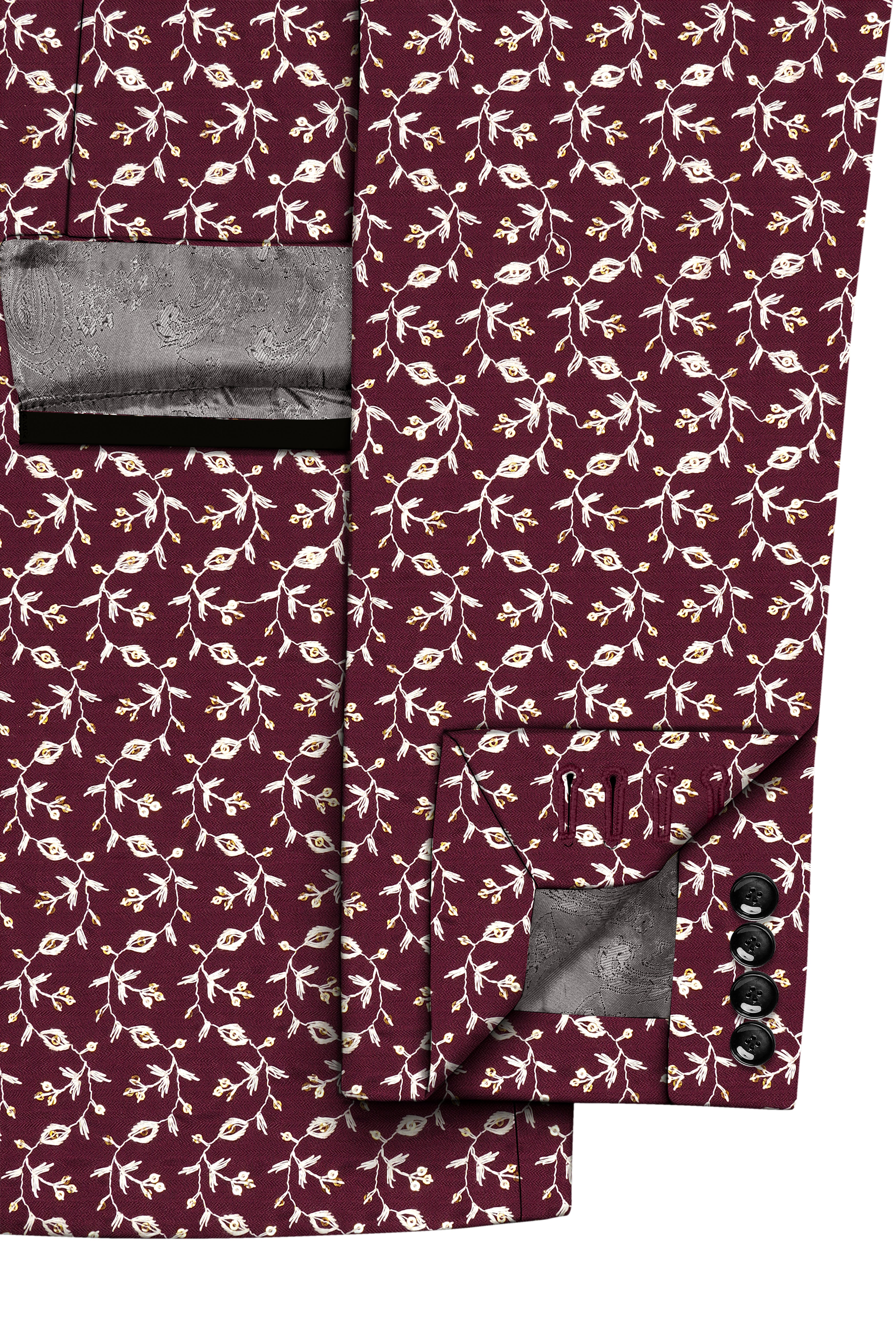 Rosencia-Mulberry Maroon Viscose Ditsy Embroidered With Tikki Work Designer Tuxedo Blazer