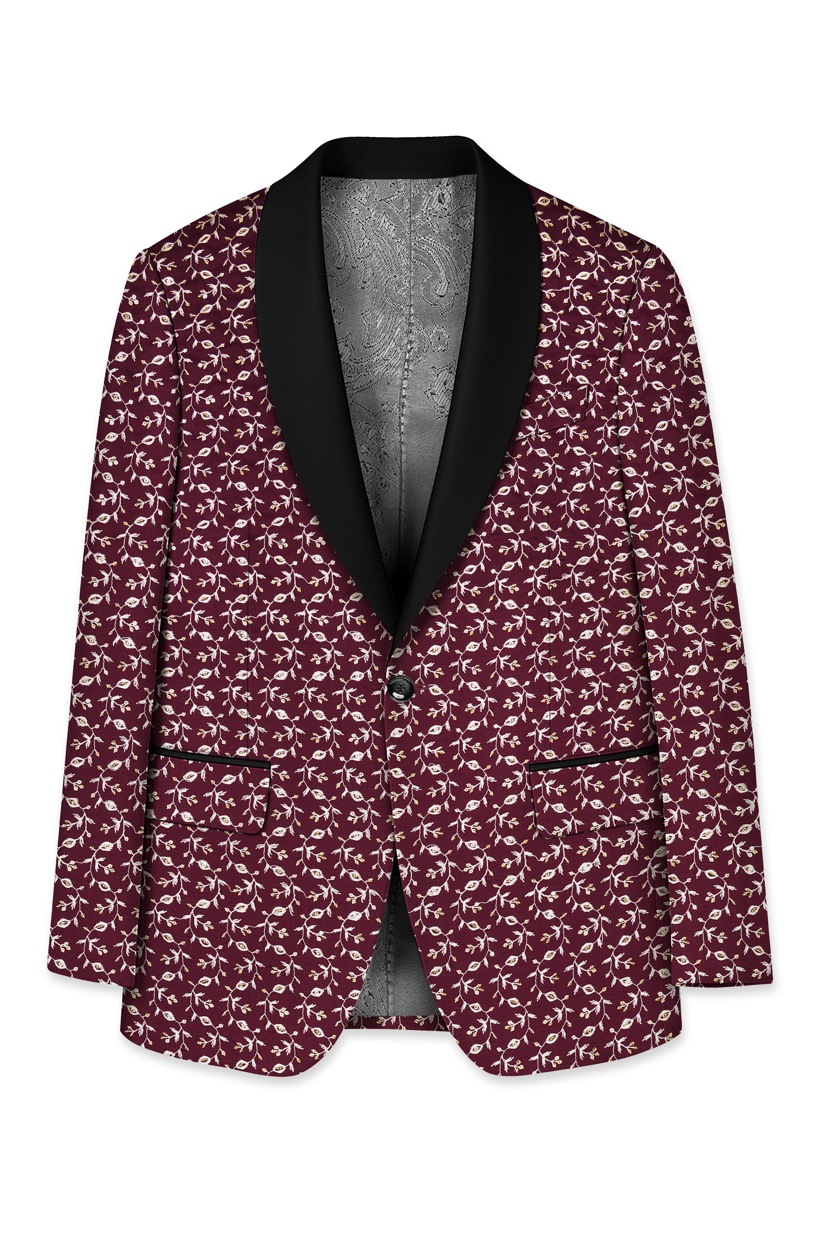 Rosencia-Mulberry Maroon Viscose Ditsy Embroidered With Tikki Work Designer Tuxedo Blazer