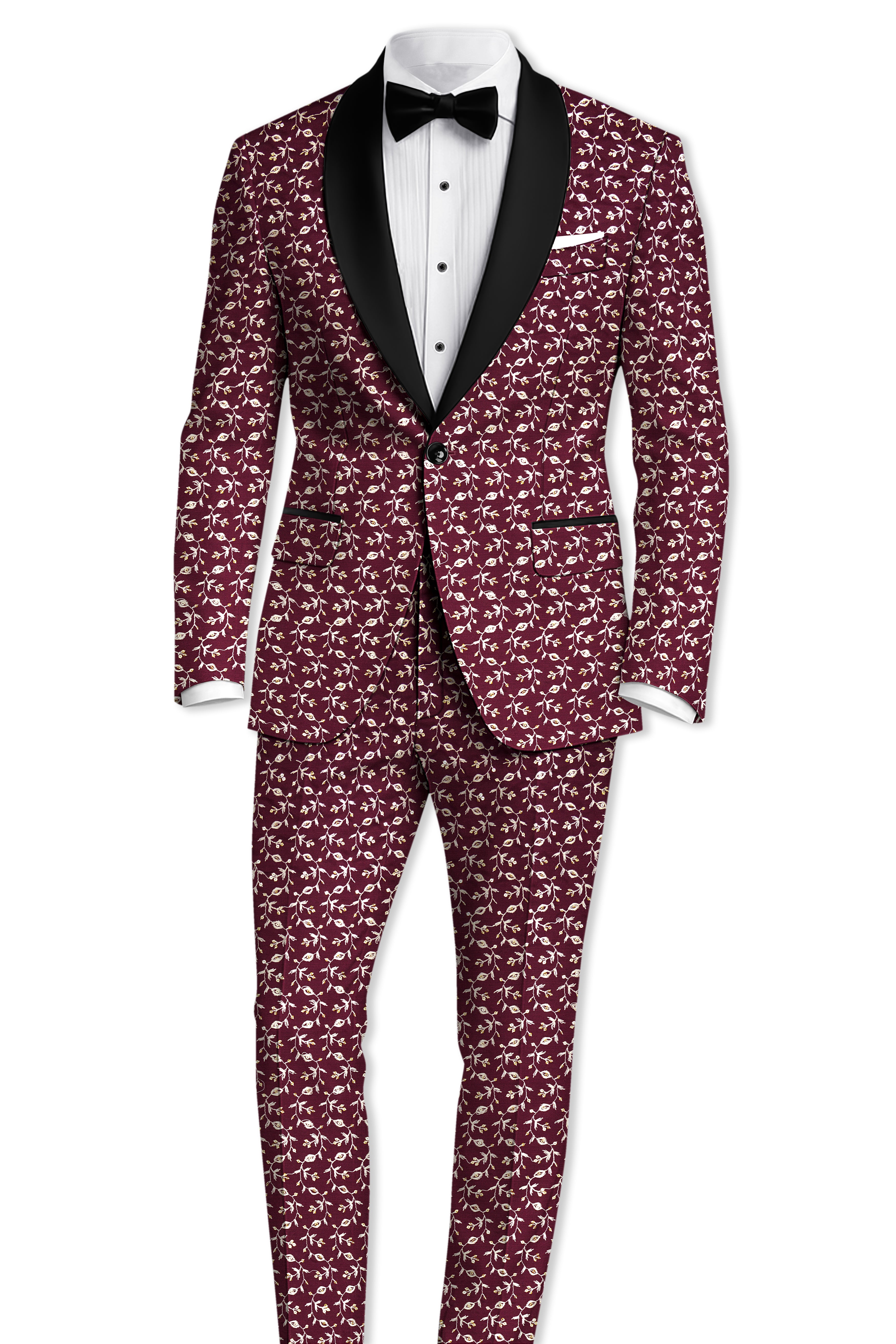 Rosencia-Mulberry Maroon Viscose Ditsy Embroidered With Tikki Work Designer Tuxedo Blazer