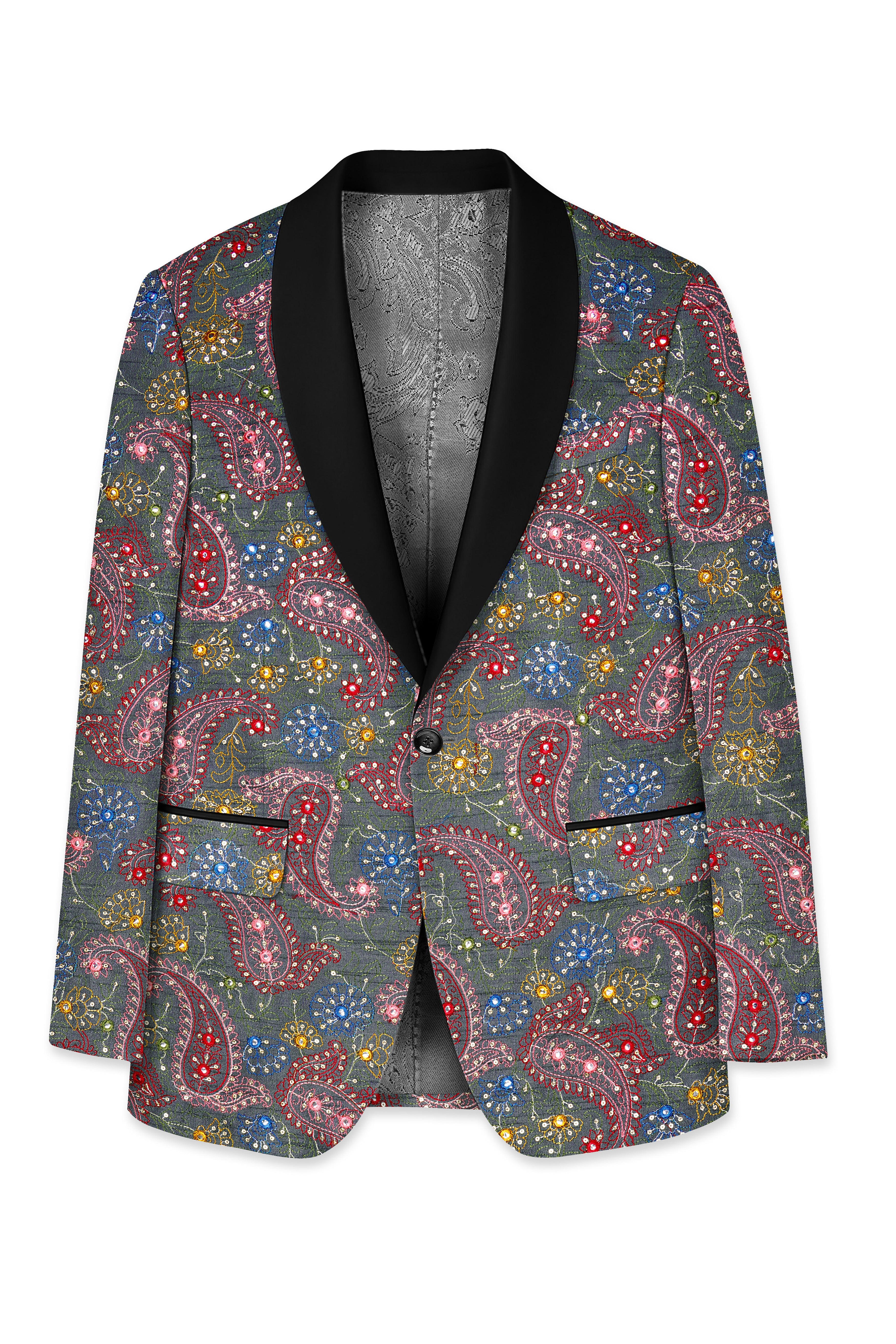 Paisora-Nickel Gray and Brink Pink Paisley Cotton Thread Embroidered Designer Tuxedo Blazer