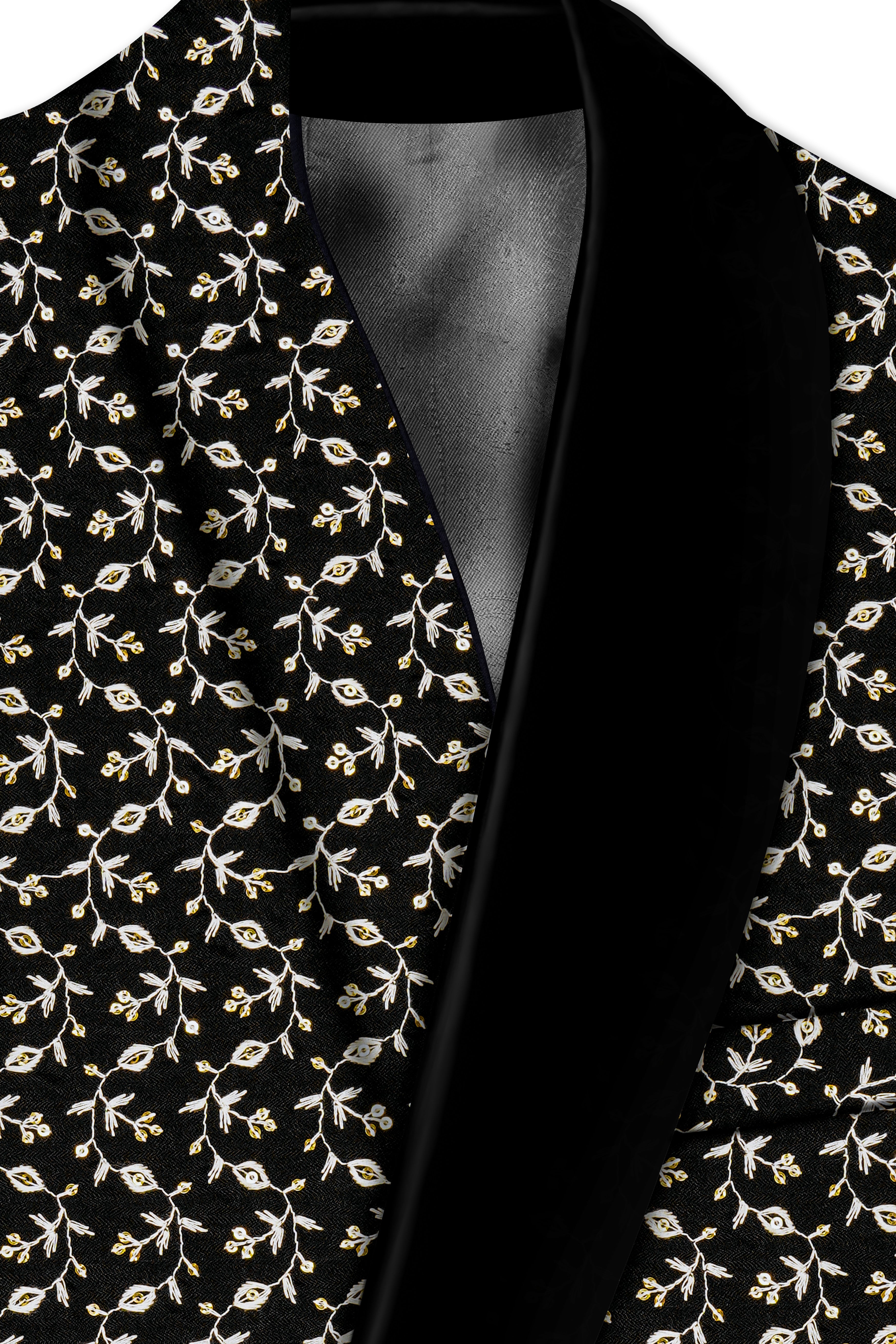 Nerquise-Jade Black Ditsy Pattern Thread and Sequin Embroidered Viscose Designer Tuxedo Blazer