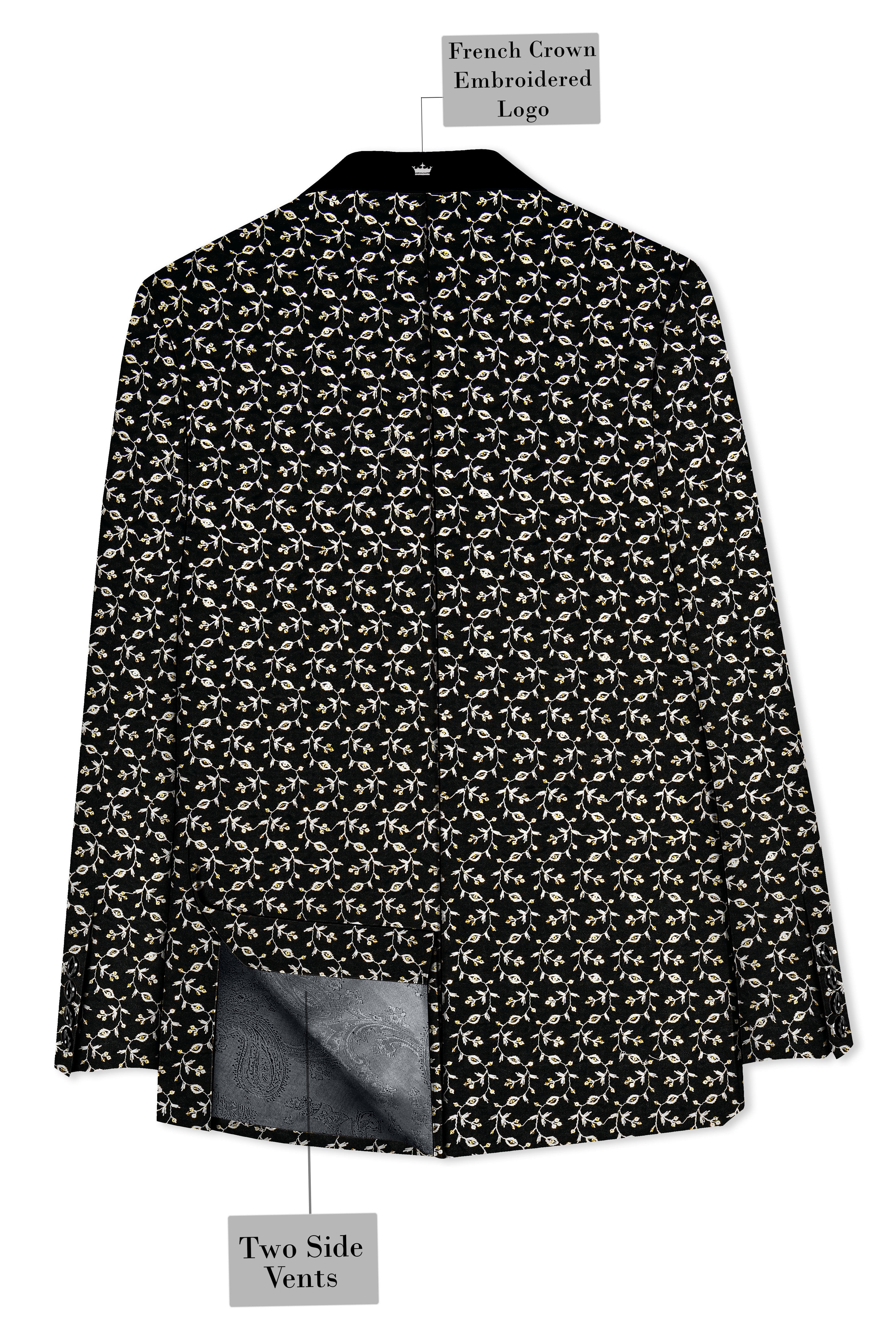 Nerquise-Jade Black Ditsy Pattern Thread and Sequin Embroidered Viscose Designer Tuxedo Blazer