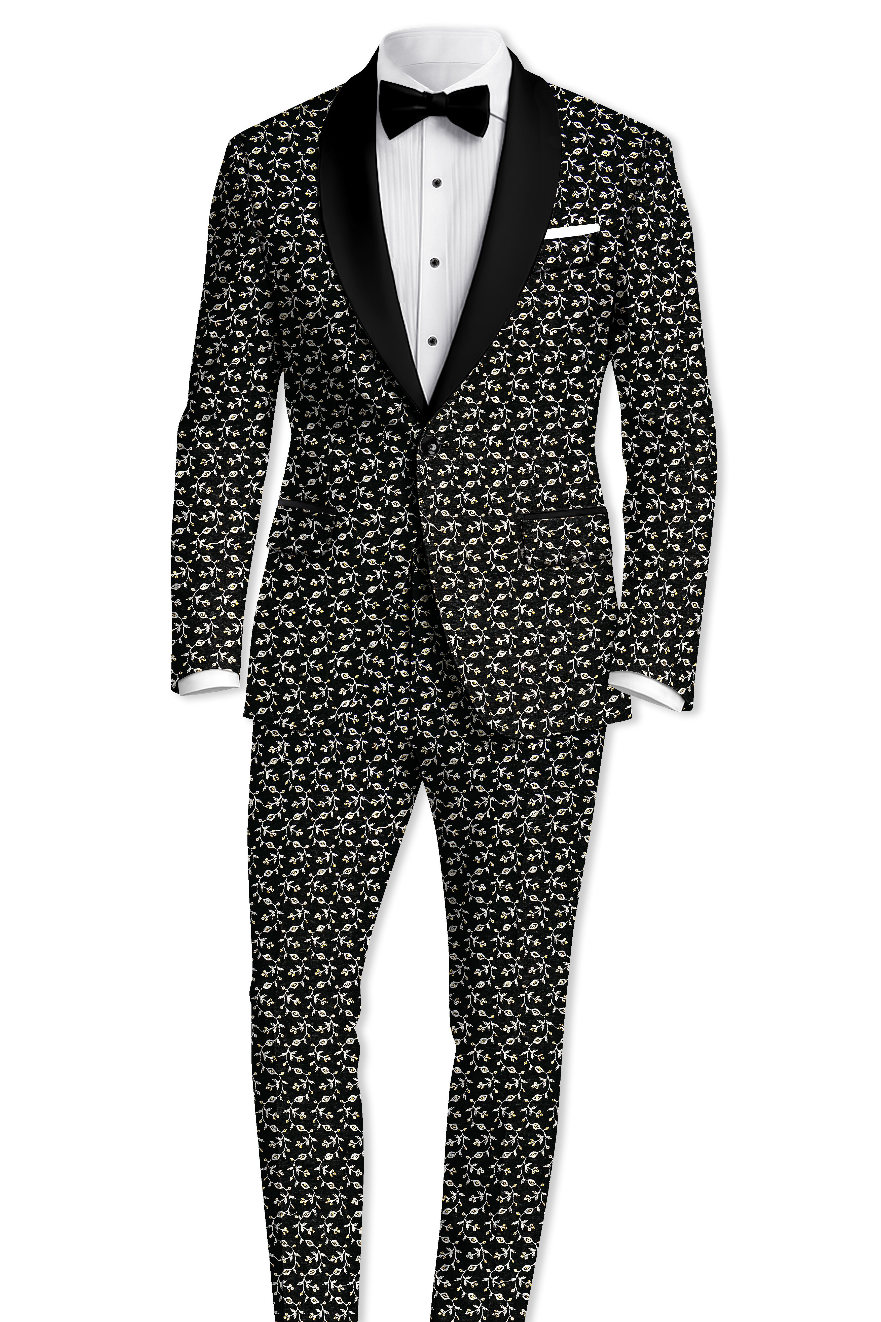 Nerquise-Jade Black Ditsy Pattern Thread and Sequin Embroidered Viscose Designer Tuxedo Blazer