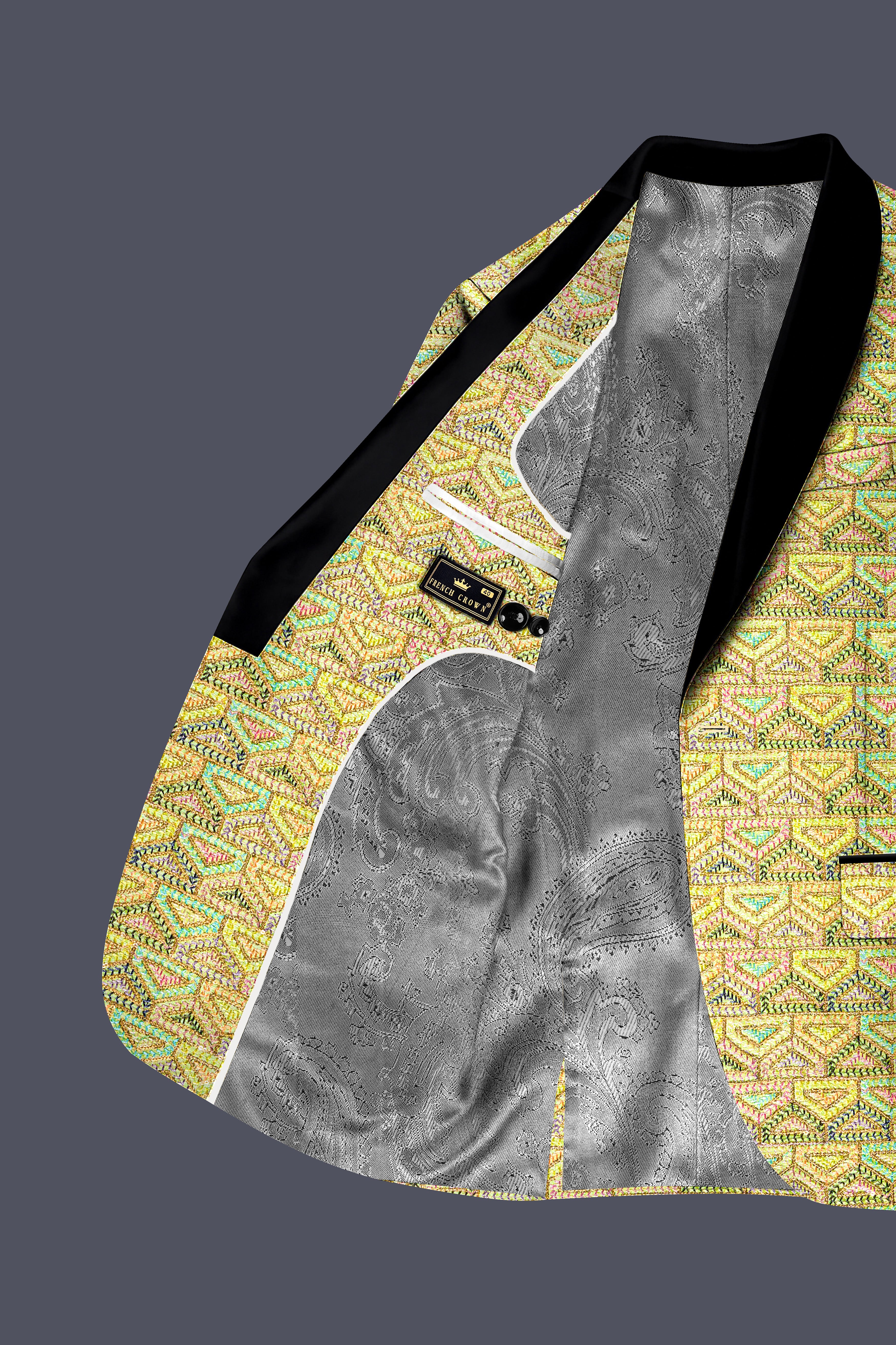 Flavora-Tacha Yellow and Charm Pink Geometric Cotton Thread Embroidered Designer Blazer