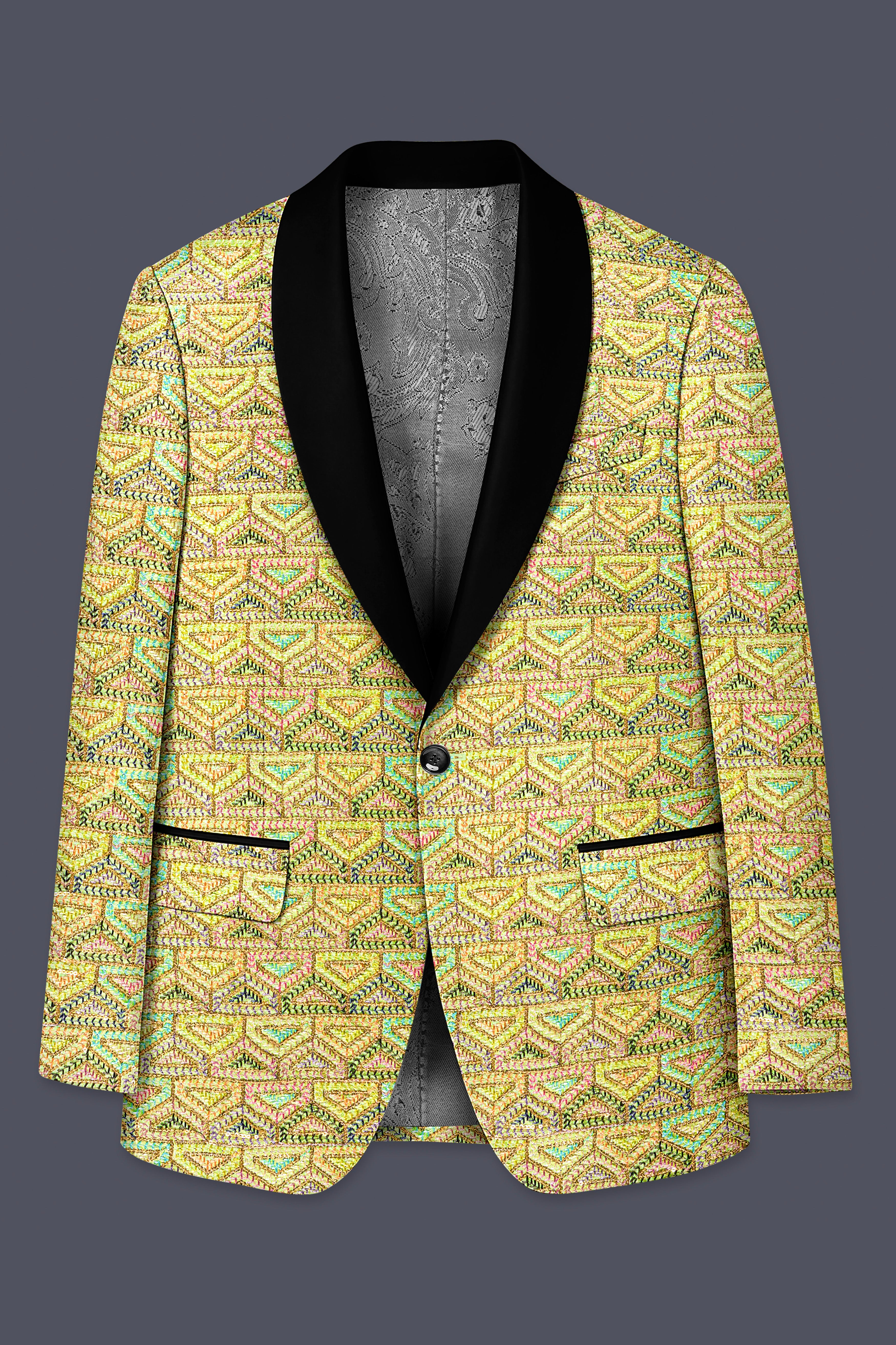 Flavora-Tacha Yellow and Charm Pink Geometric Cotton Thread Embroidered Designer Blazer
