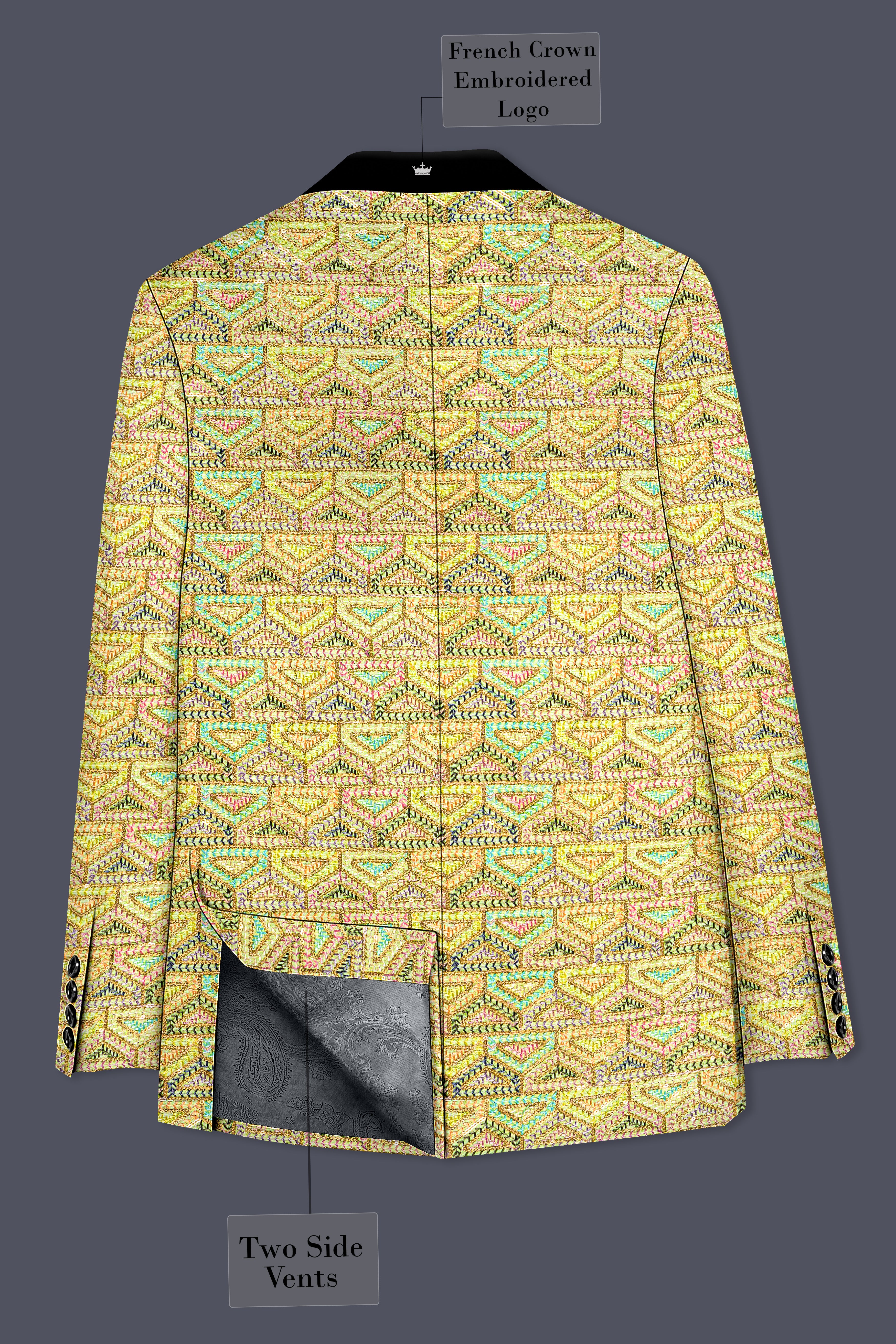 Flavora-Tacha Yellow and Charm Pink Geometric Cotton Thread Embroidered Designer Blazer