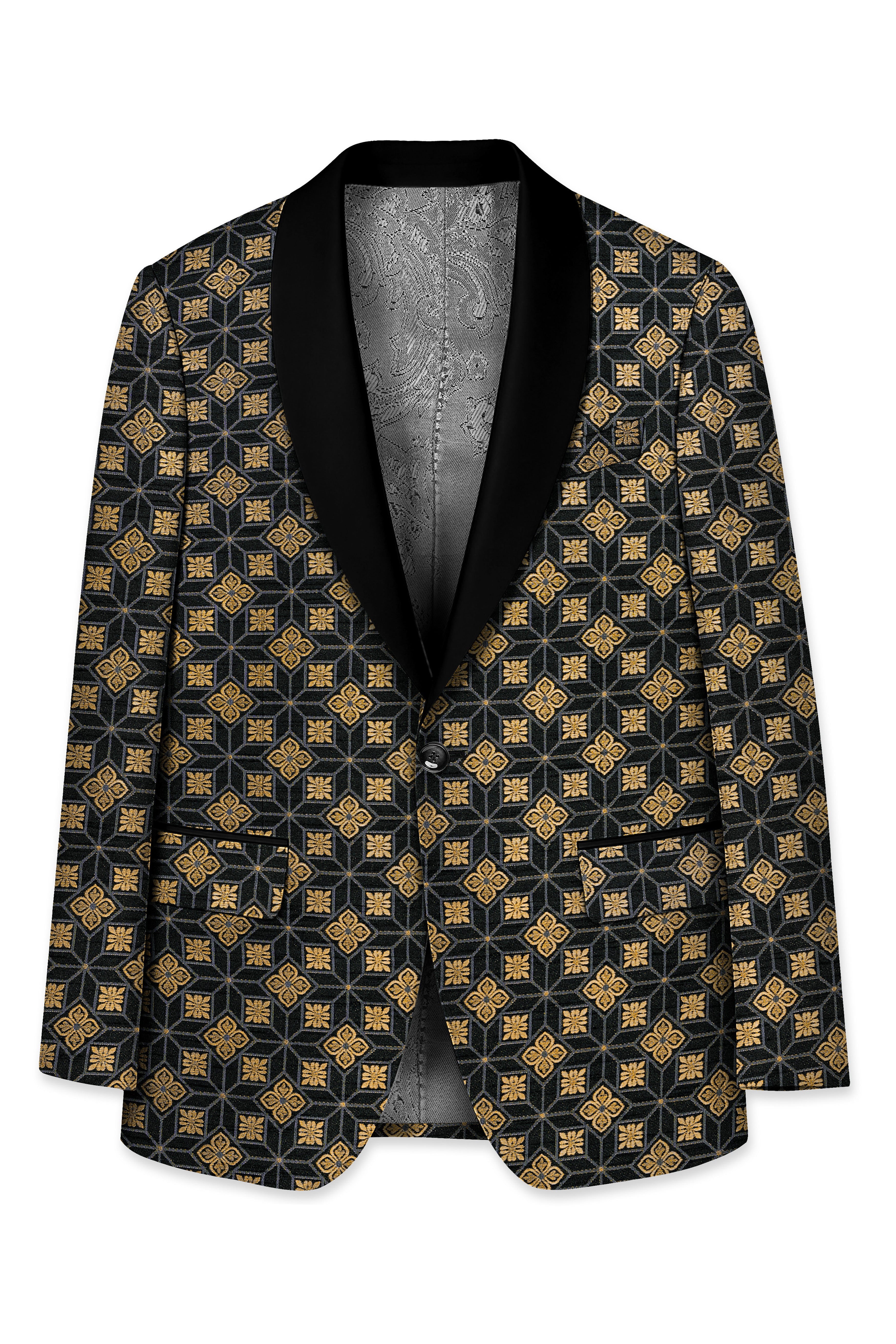 Geomaro-Cinder Black and Tan Brown Geometric Jacquard Textured Designer Blazer