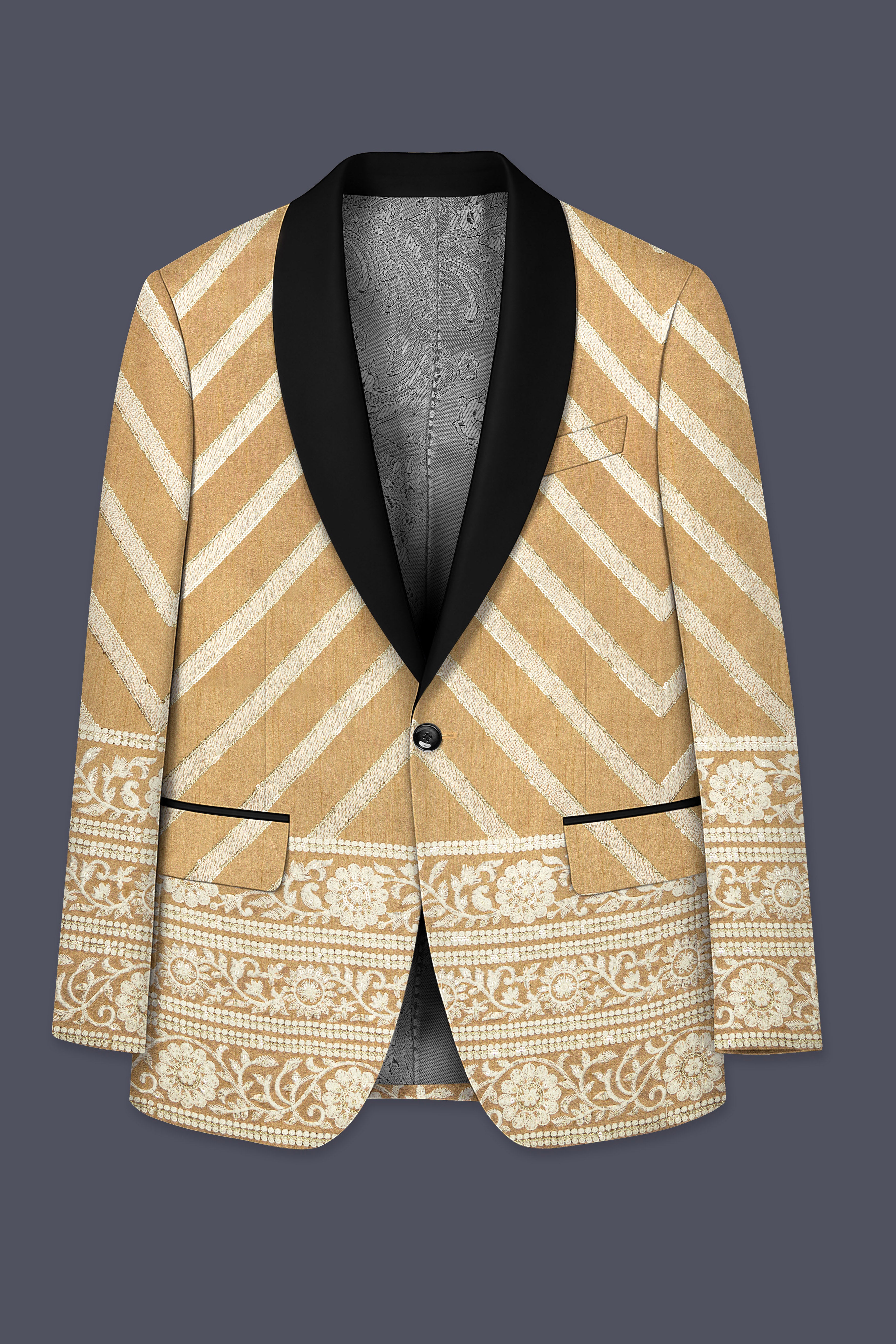 Zigvara-Antique Brown and Merino Cream Zig Zag Cotton Thread Embroidered Designer Blazer